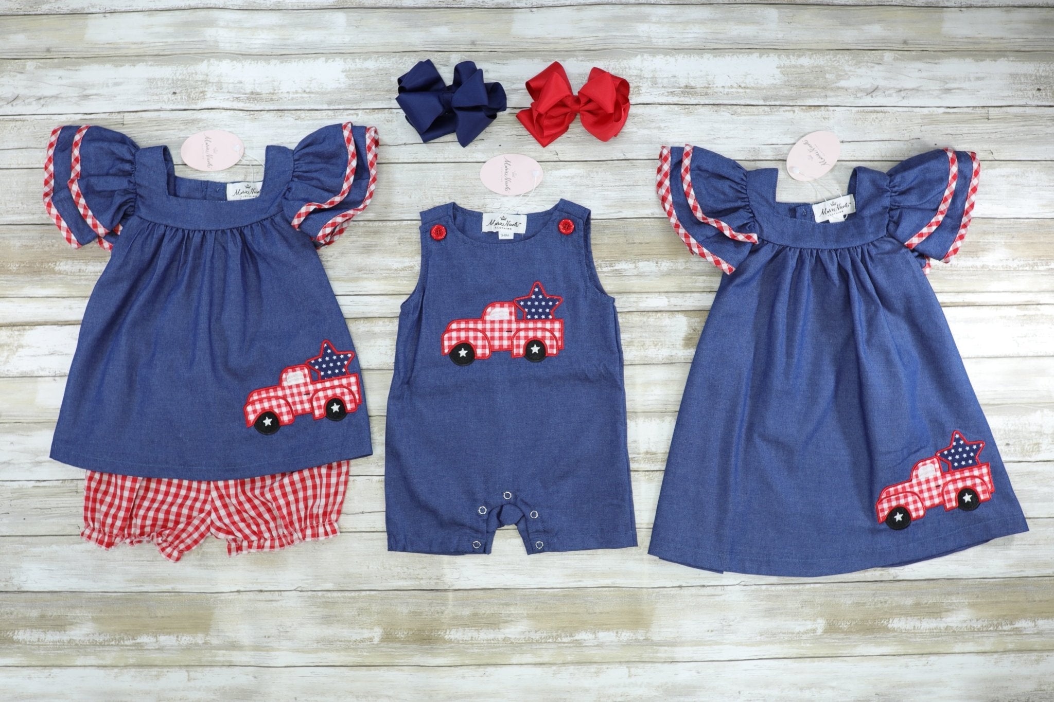 Chambray Red Check Truck Ruffle Outfit - Marie Nicole Clothing