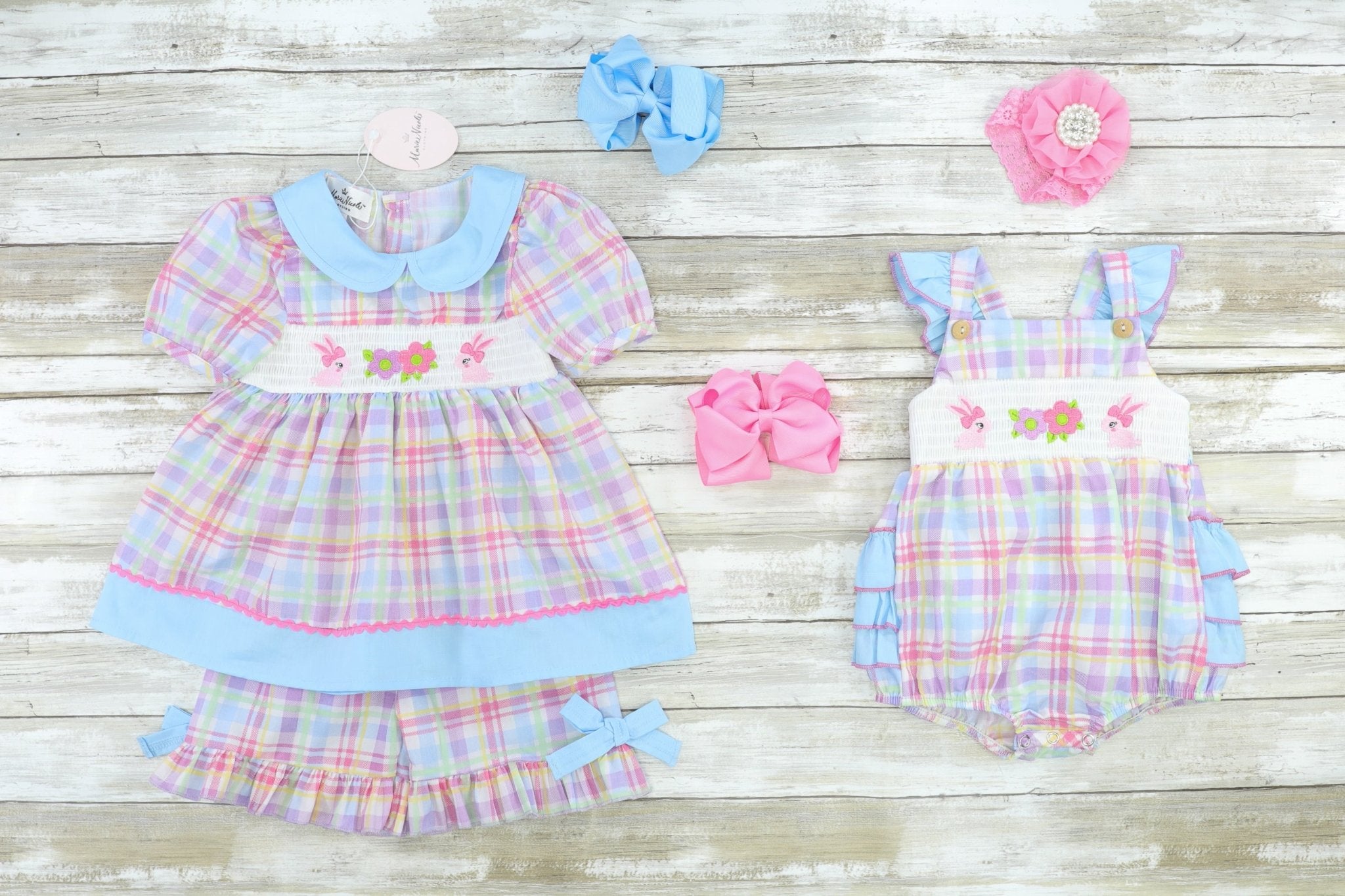 Plaid Pastel Smocked Bunnies Bubble Romper - Marie Nicole Clothing