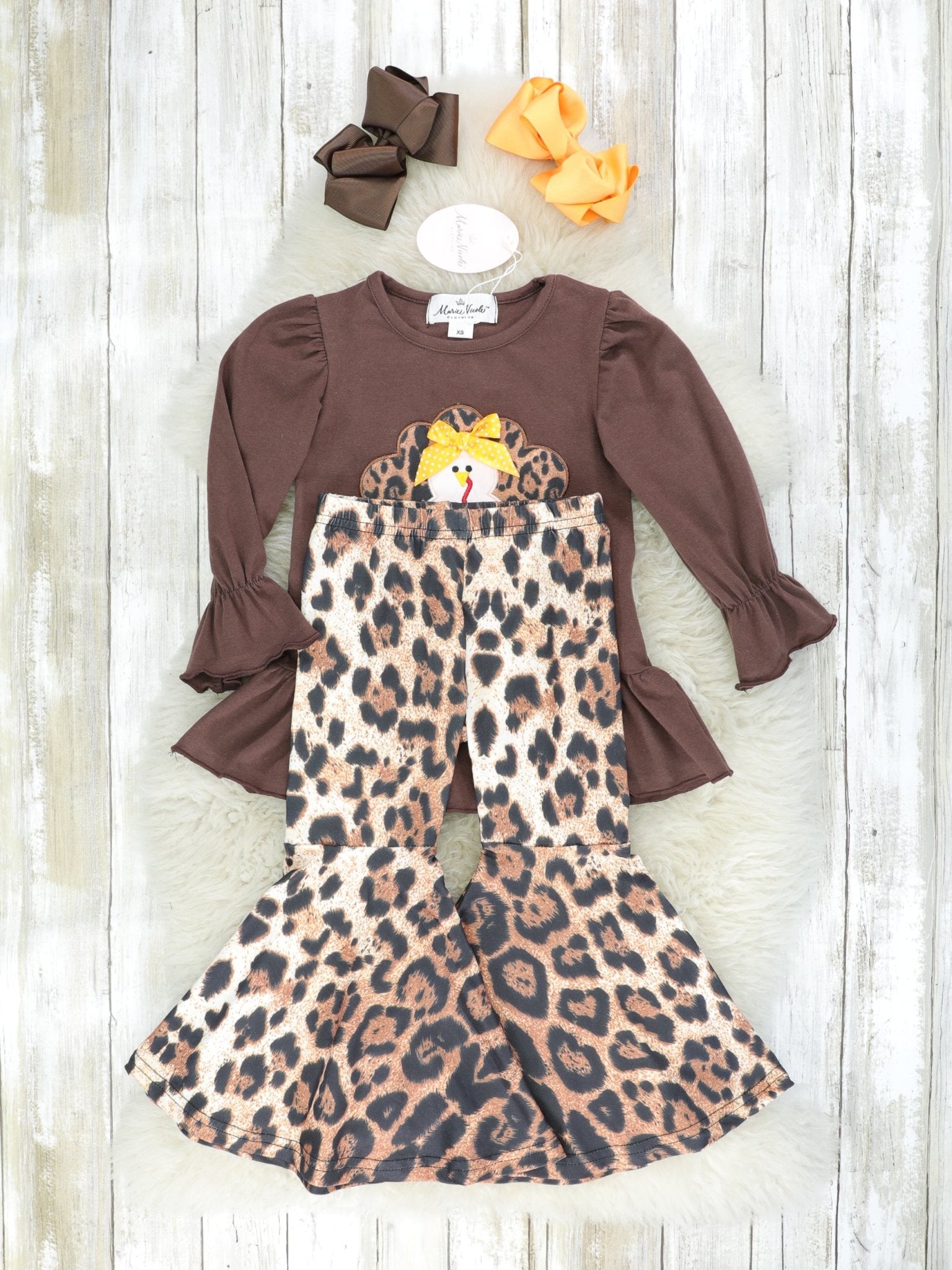 Brown Turkey Ruffle Top & Leopard Bell Bottoms Outfit - Marie Nicole Clothing