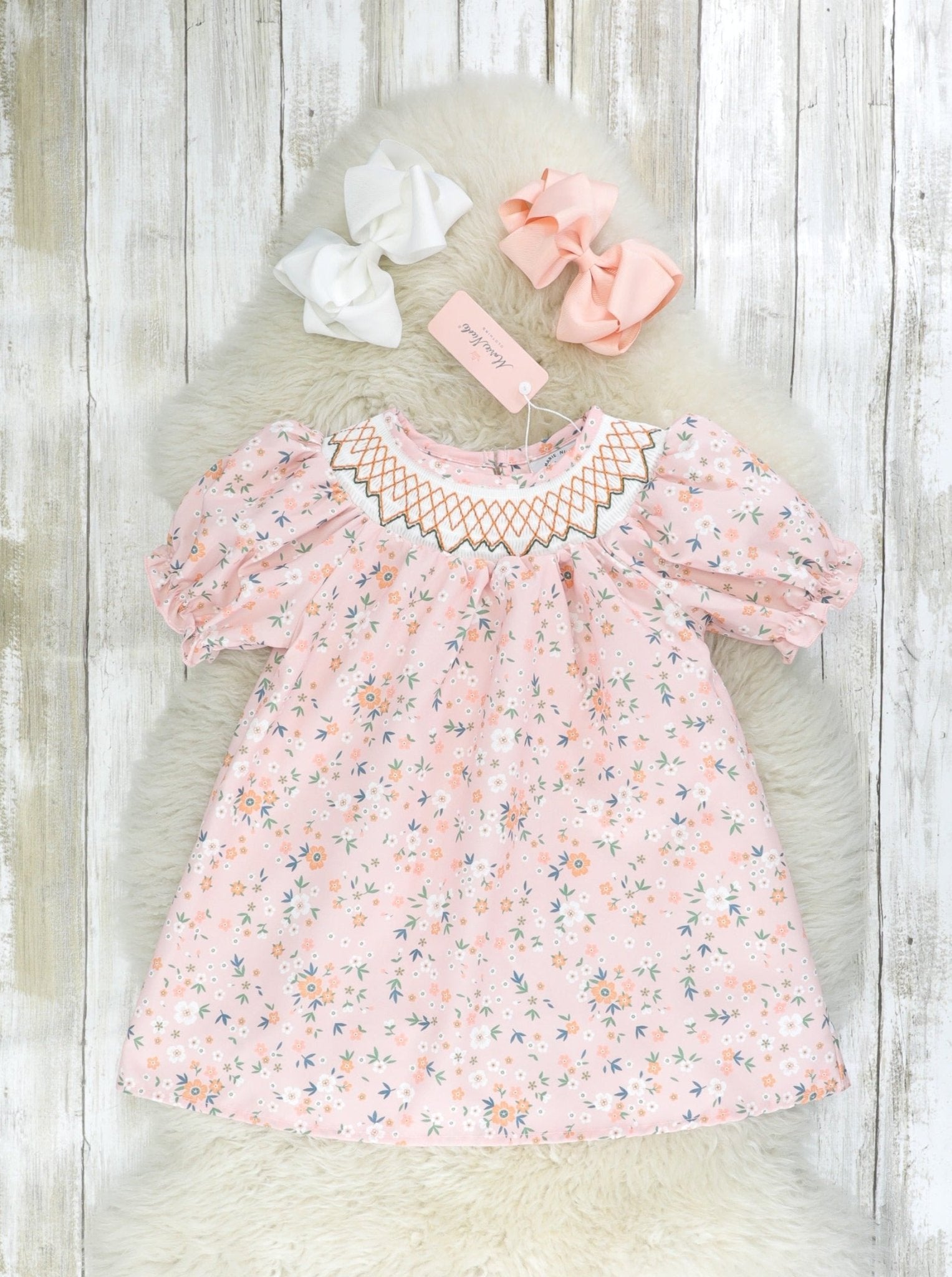 Pink Smocked Floral Dress - Marie Nicole Clothing
