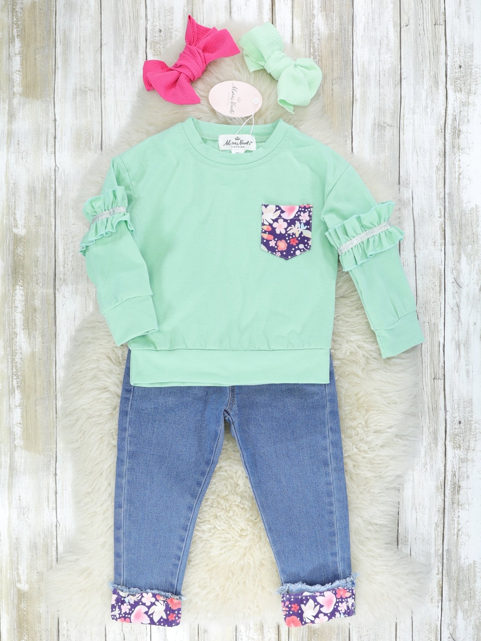 Sea Foam Green Ruffle Pullover & Denim Outfit - Marie Nicole Clothing