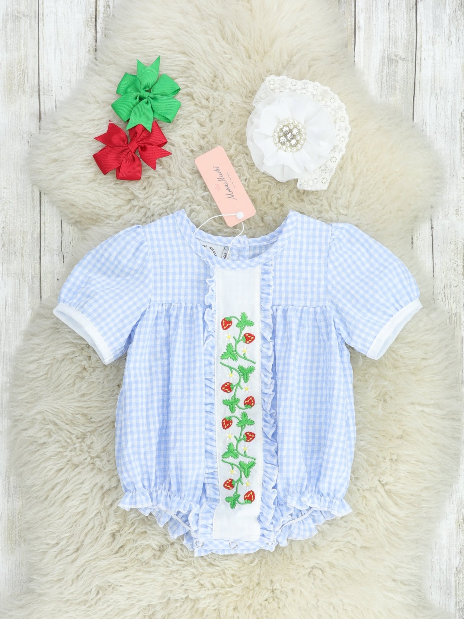 Light Blue Gingham Strawberry Bubble Romper - Marie Nicole Clothing