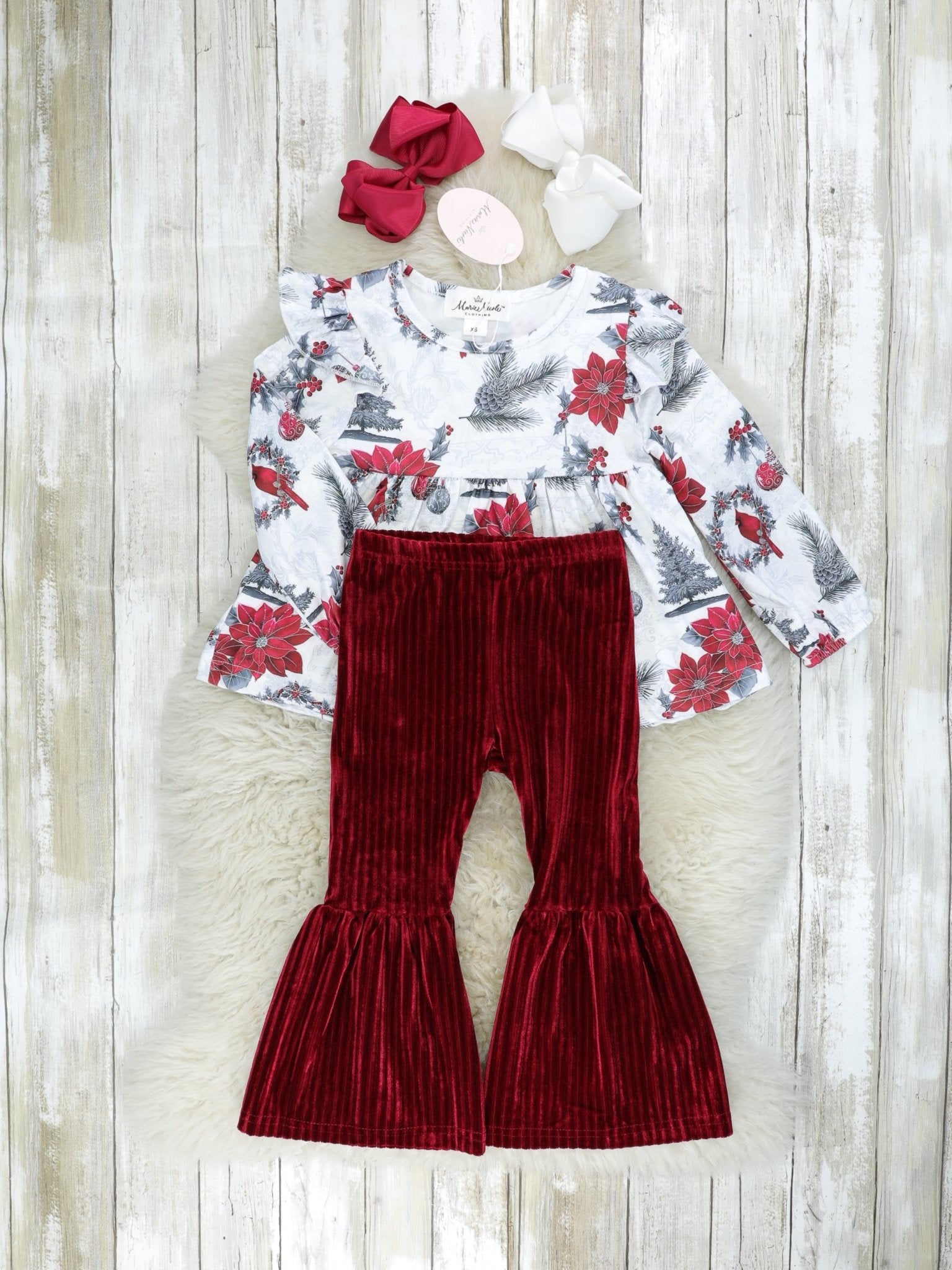 Poinsettia Peplum Top & Velvet Bell Bottoms Outfit - Marie Nicole Clothing