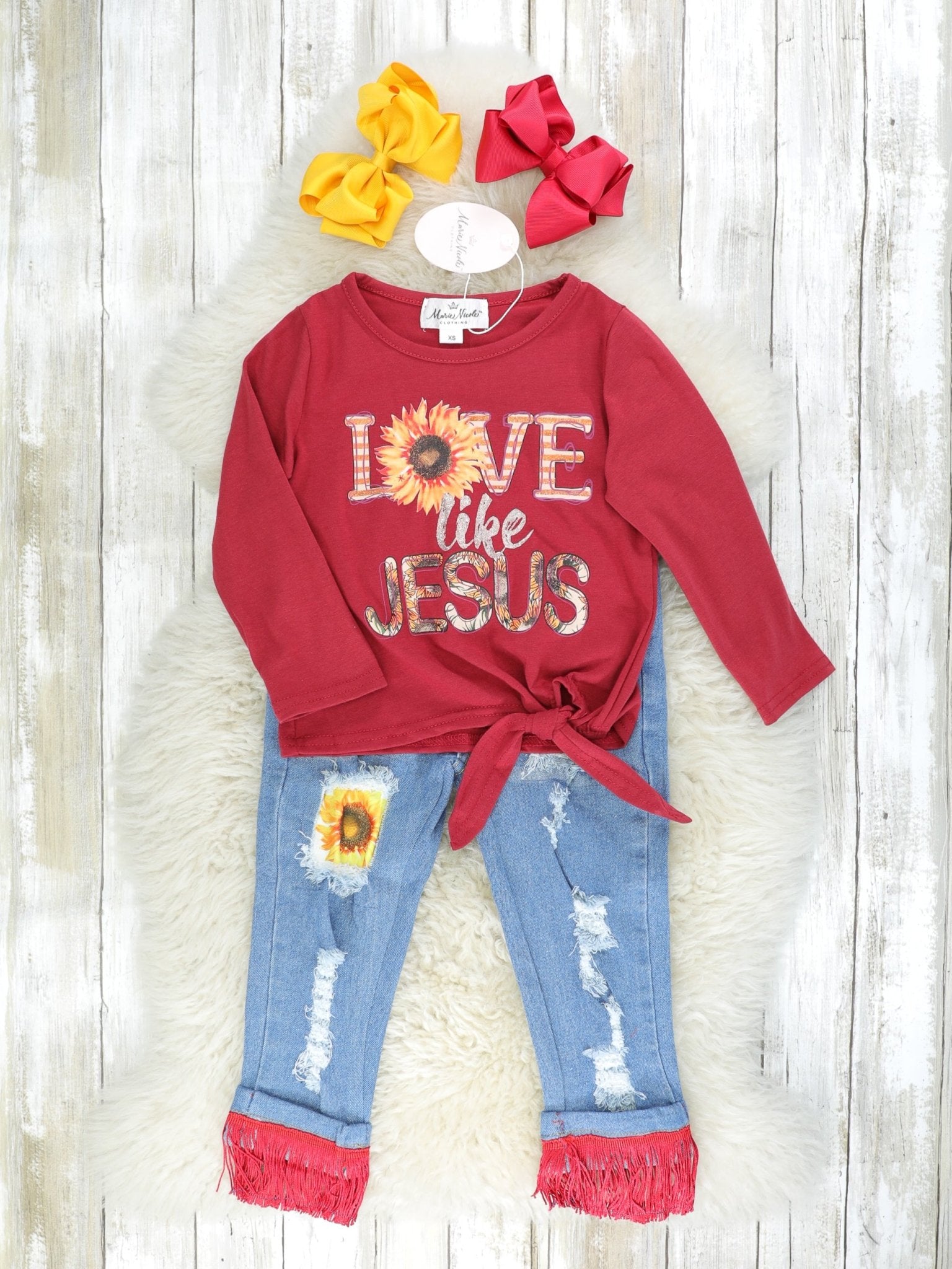 "Love Like Jesus" Sunflower Top & Fringe Denim Outfit - Marie Nicole Clothing