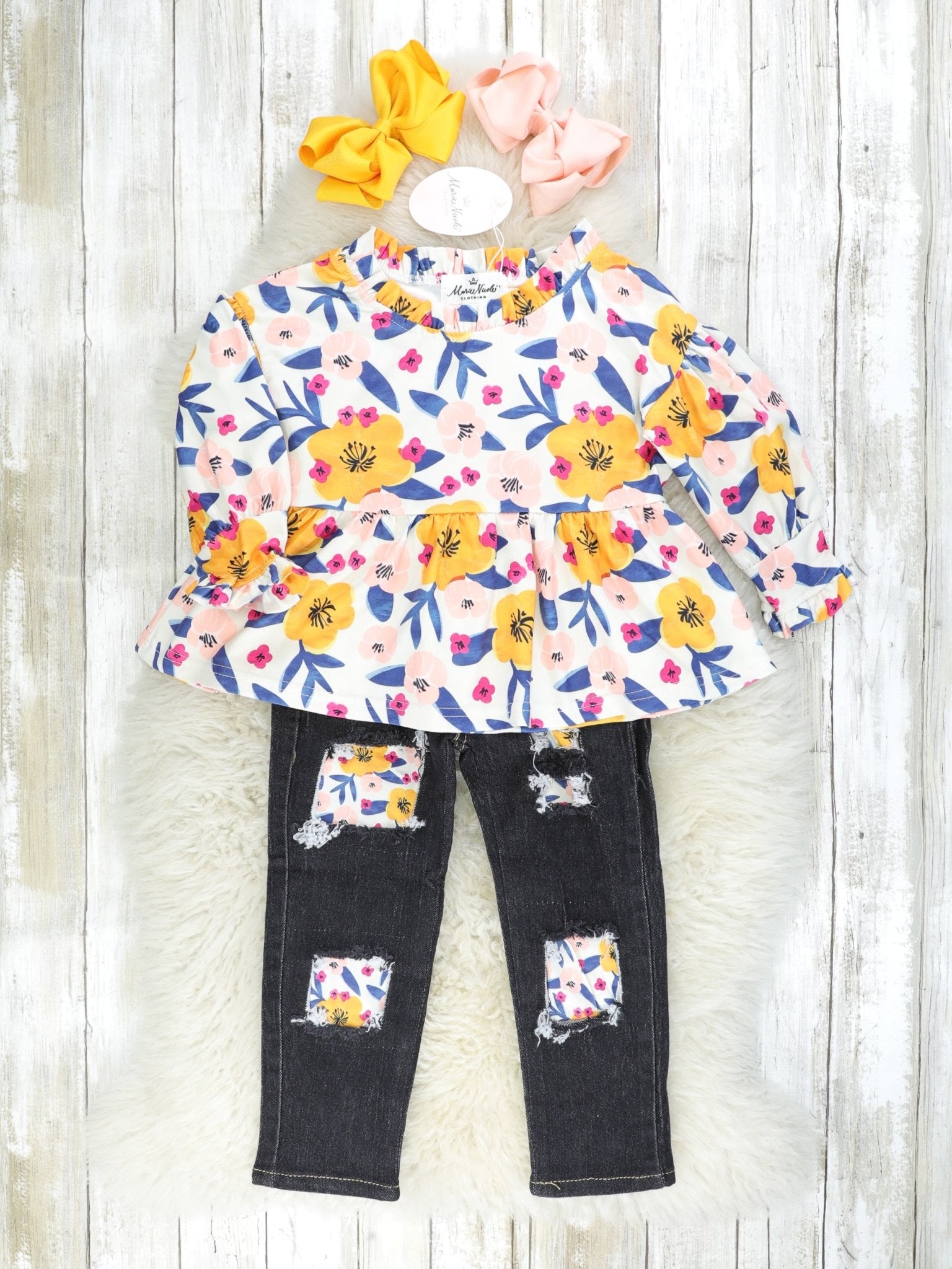 Mustard Floral Tunic & Distressed Denim Outfit - Marie Nicole Clothing