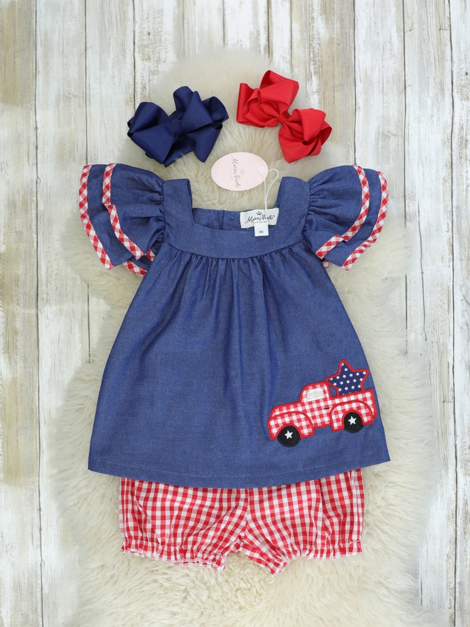 Chambray Red Check Truck Ruffle Outfit - Marie Nicole Clothing