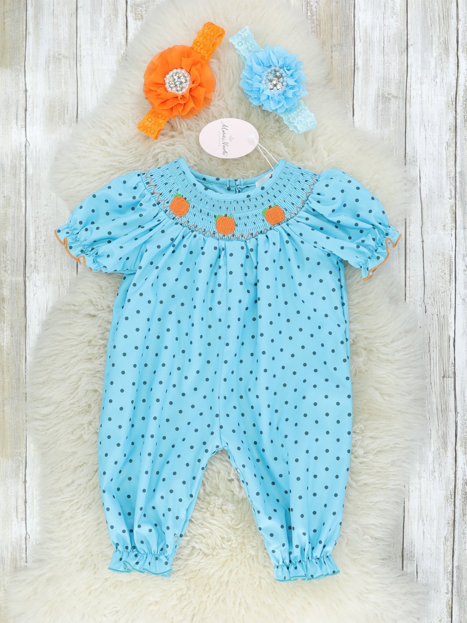 Blue Polka Dotted Smocked Pumpkin Romper - Marie Nicole Clothing