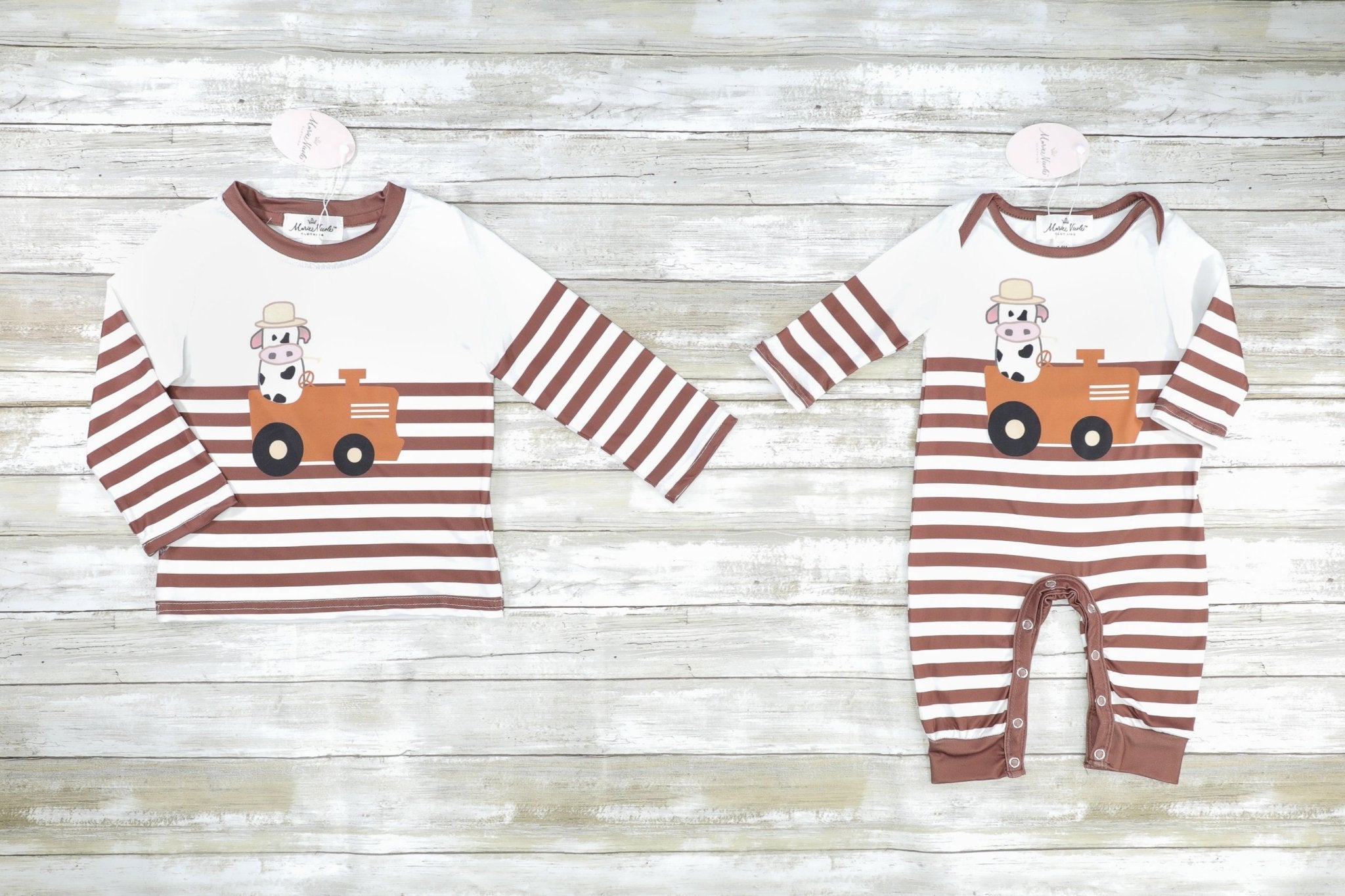 Brown Striped Cow Farmer Romper - Marie Nicole Clothing