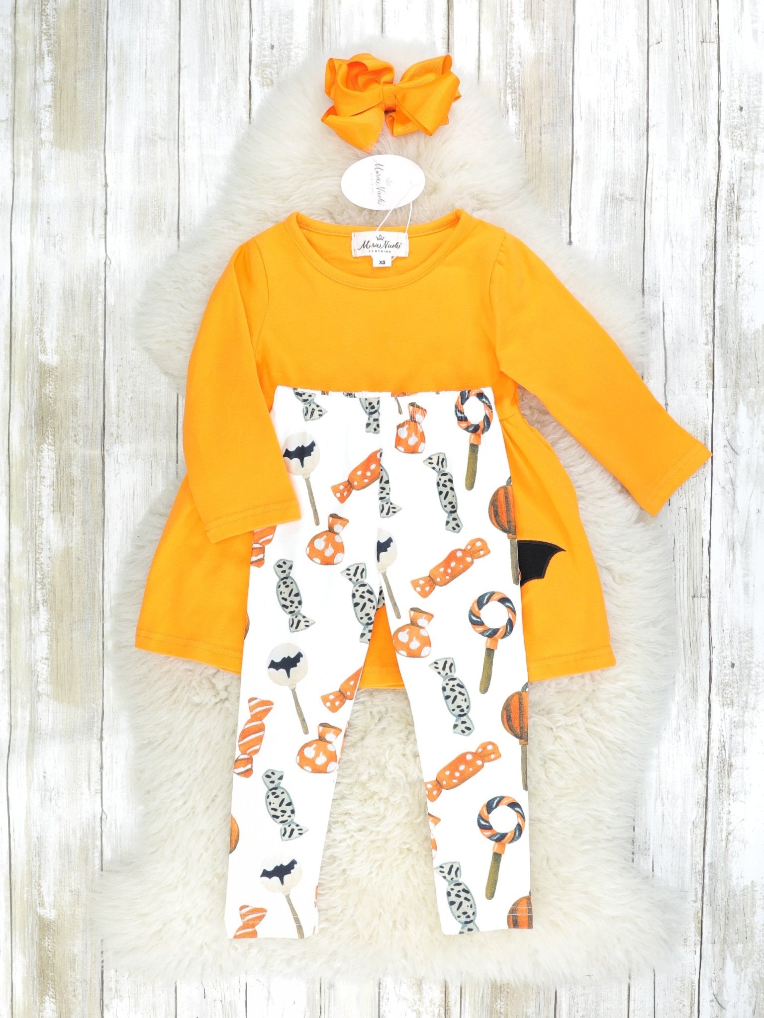 Orange Bat Peplum Top & Candies Bottoms Outfit W/ Scarf - Marie Nicole Clothing