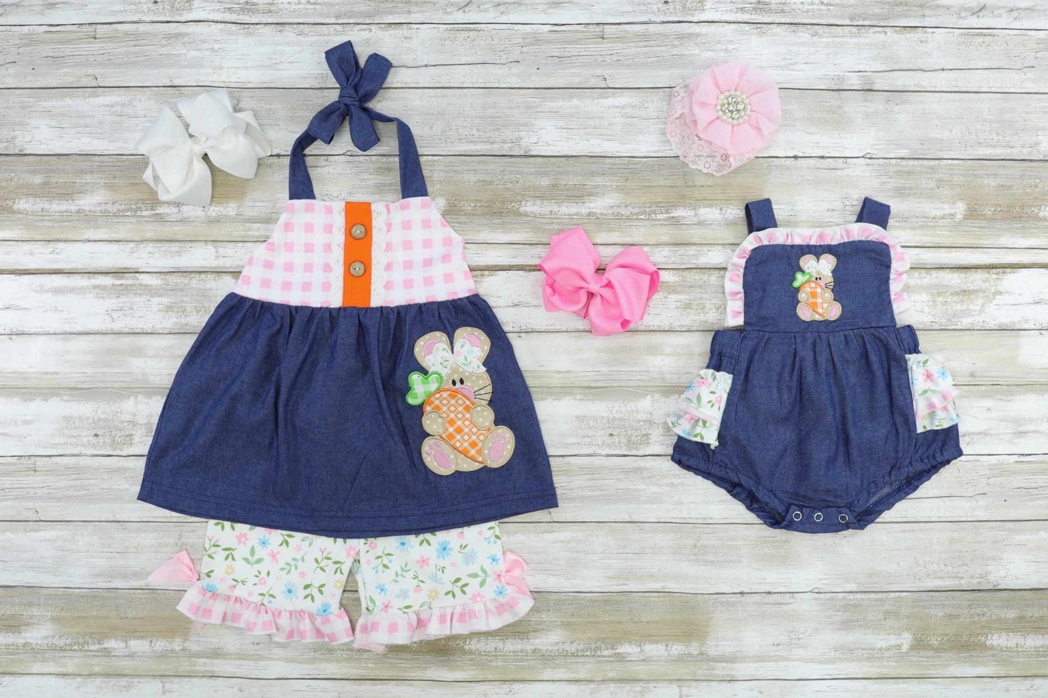 Spring Floral Bunny Chambray Tank Ruffle Bubble Romper - Marie Nicole Clothing