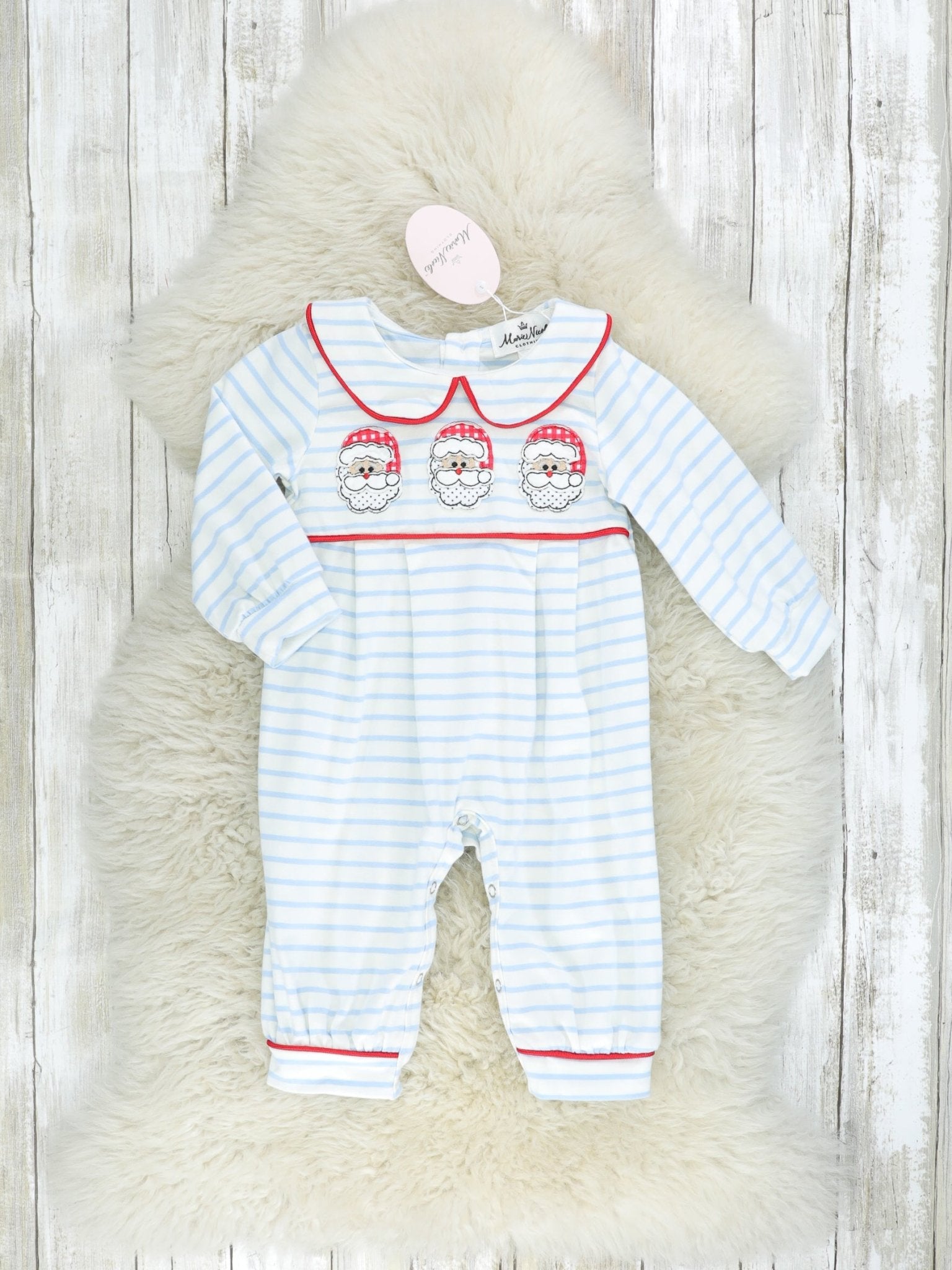 Light Blue Striped Santa Vintage Romper - Marie Nicole Clothing