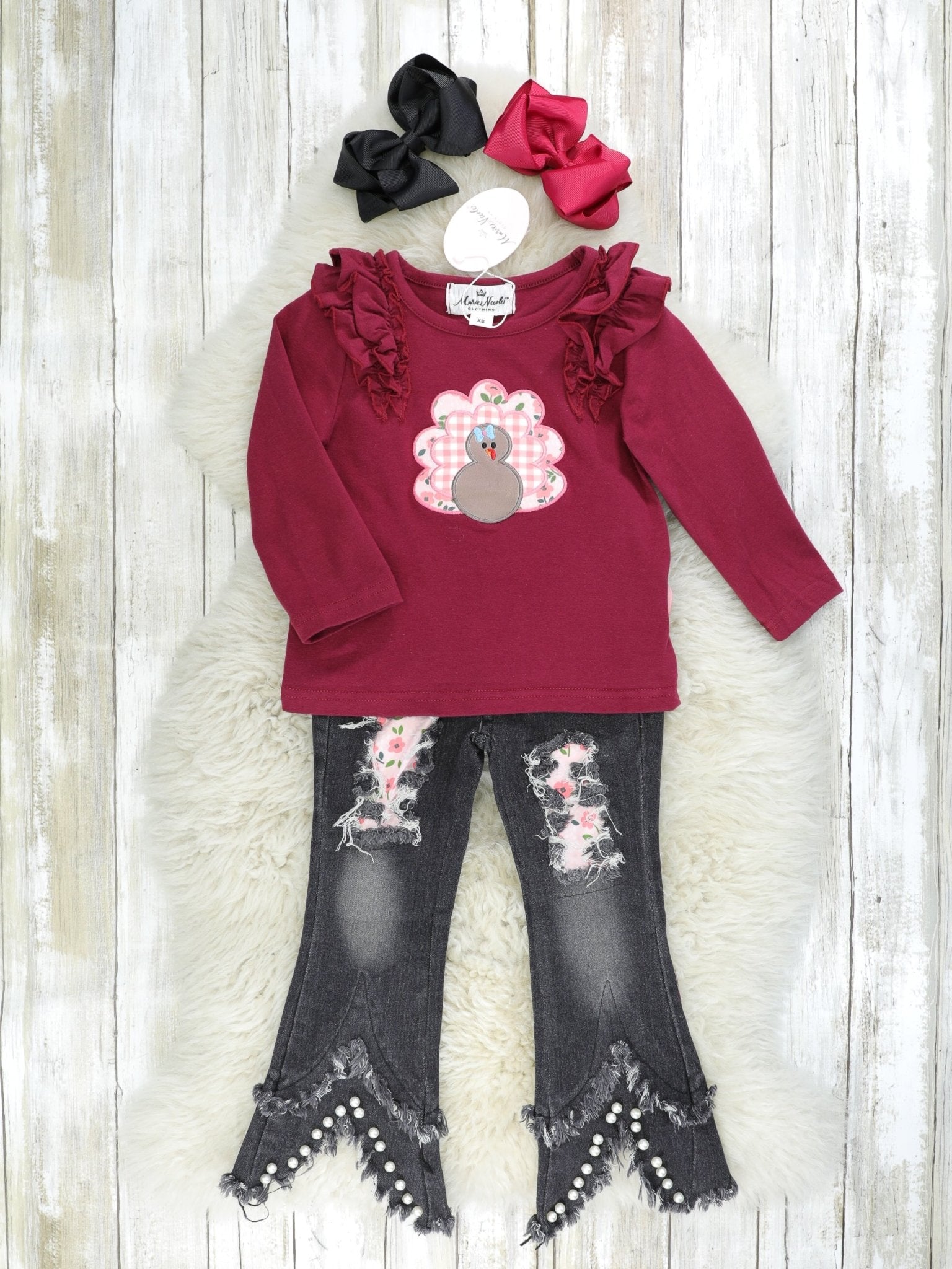 Burgundy Turkey Ruffle Top & Distressed Denim Outfit - Marie Nicole Clothing