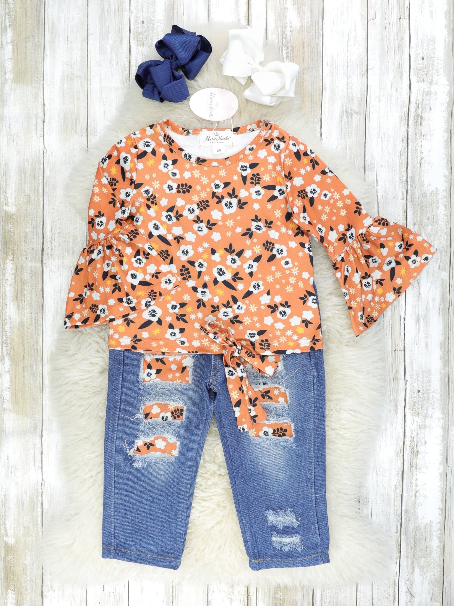 Orange & Black Floral Bell Sleeve Top & Distressed Denim Outfit - Marie Nicole Clothing