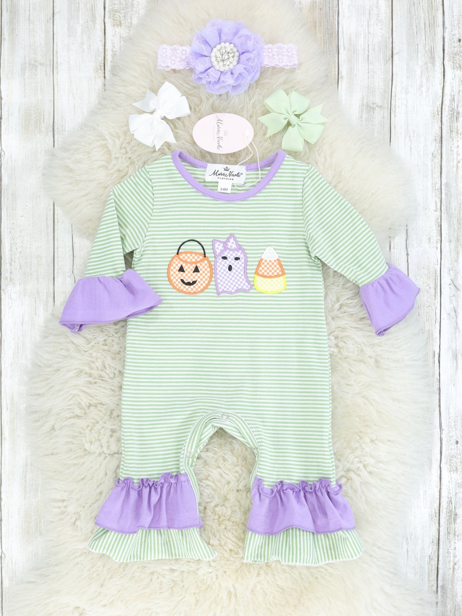 Green & Purple Halloween Ruffle Romper - Marie Nicole Clothing