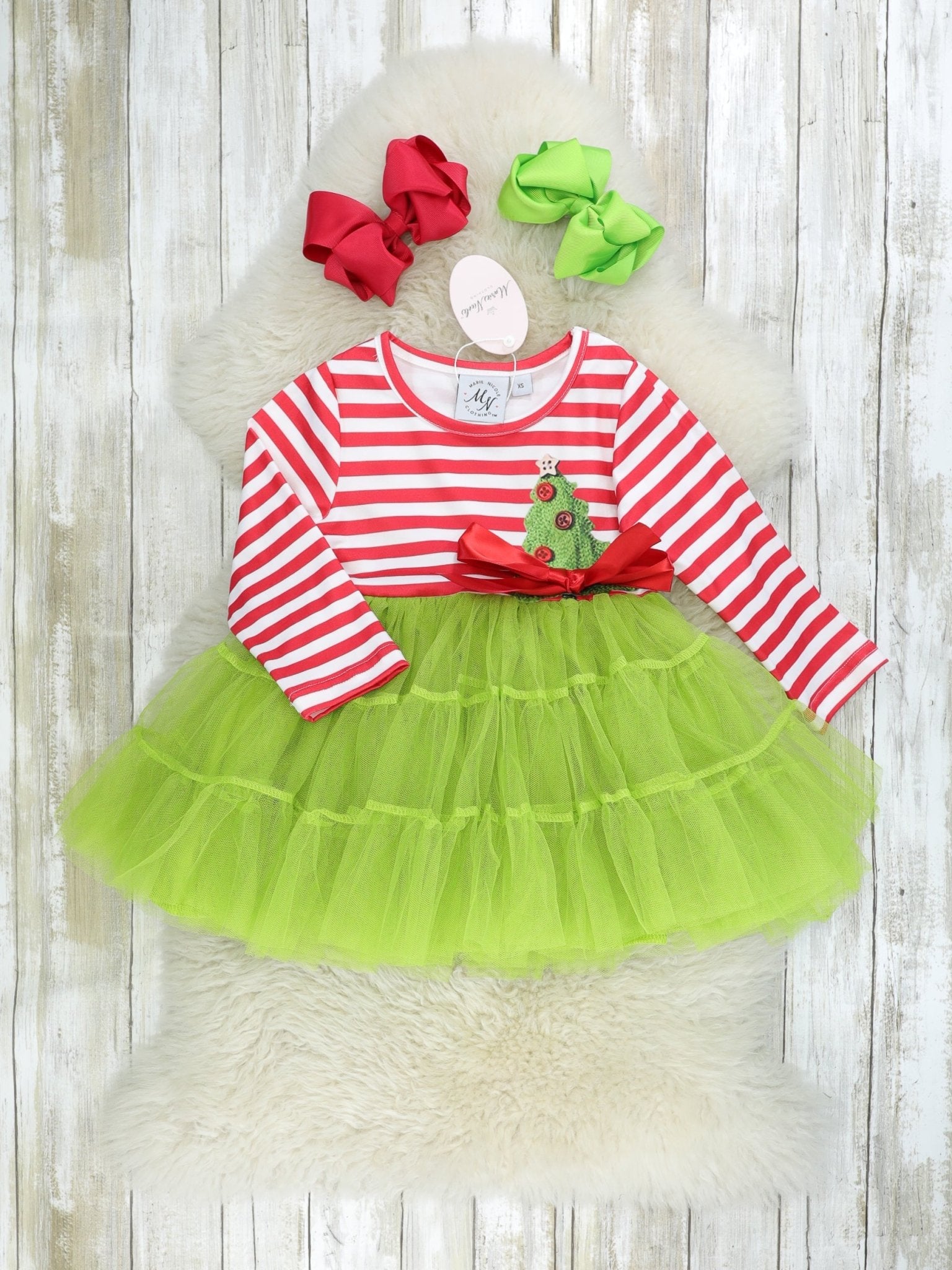Red Striped Christmas Tree Tulle Dress - Marie Nicole Clothing