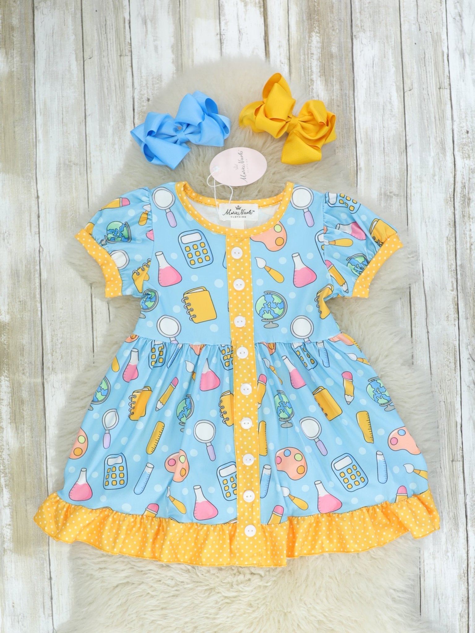Blue & Yellow School Supplies Ruffle Dress - Marie Nicole Clothing