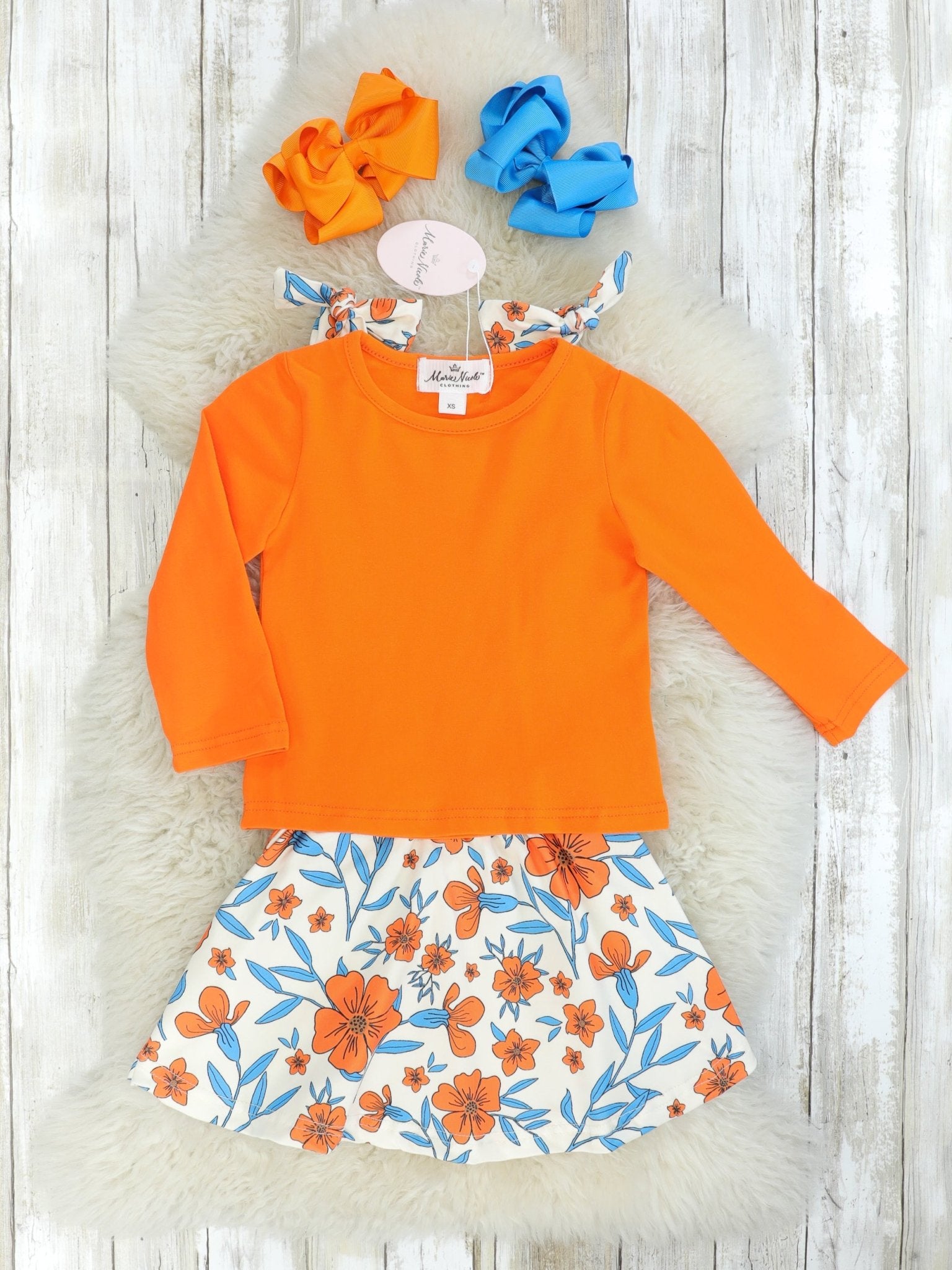Orange & Blue Floral Overall Skirt W/ Long Sleeve - Marie Nicole Clothing