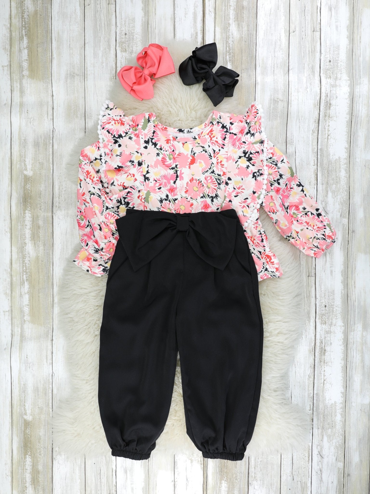 Pink Floral Ruffle Top & Black Joggers Outfit - Marie Nicole Clothing