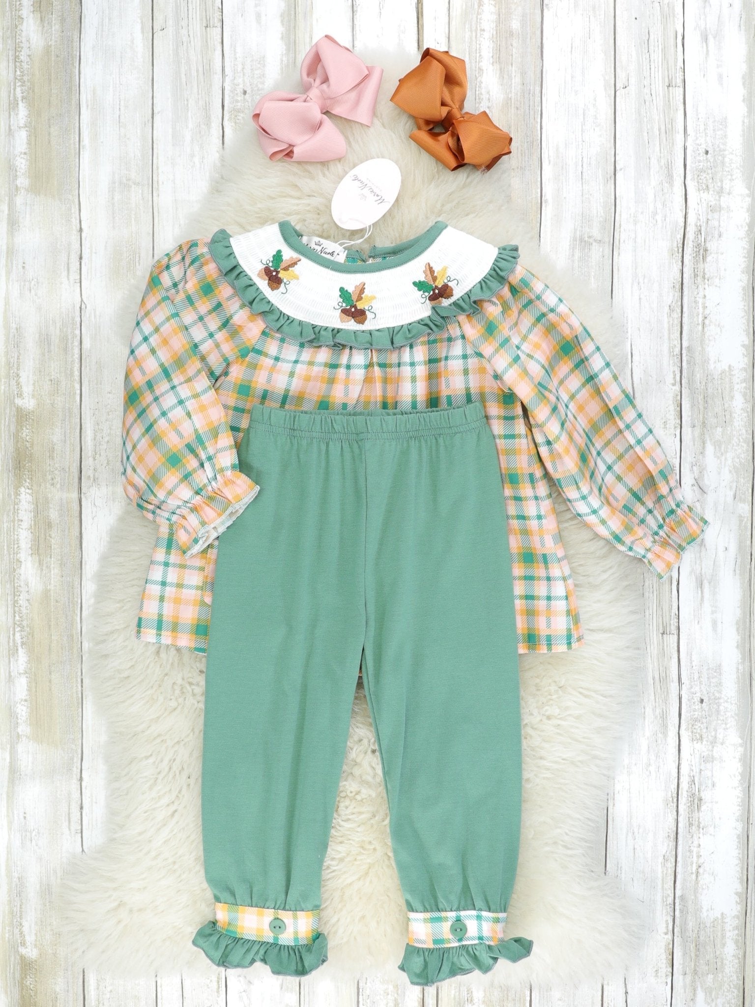 Plaid Acorn Smocked Ruffle Outfit - Marie Nicole Clothing