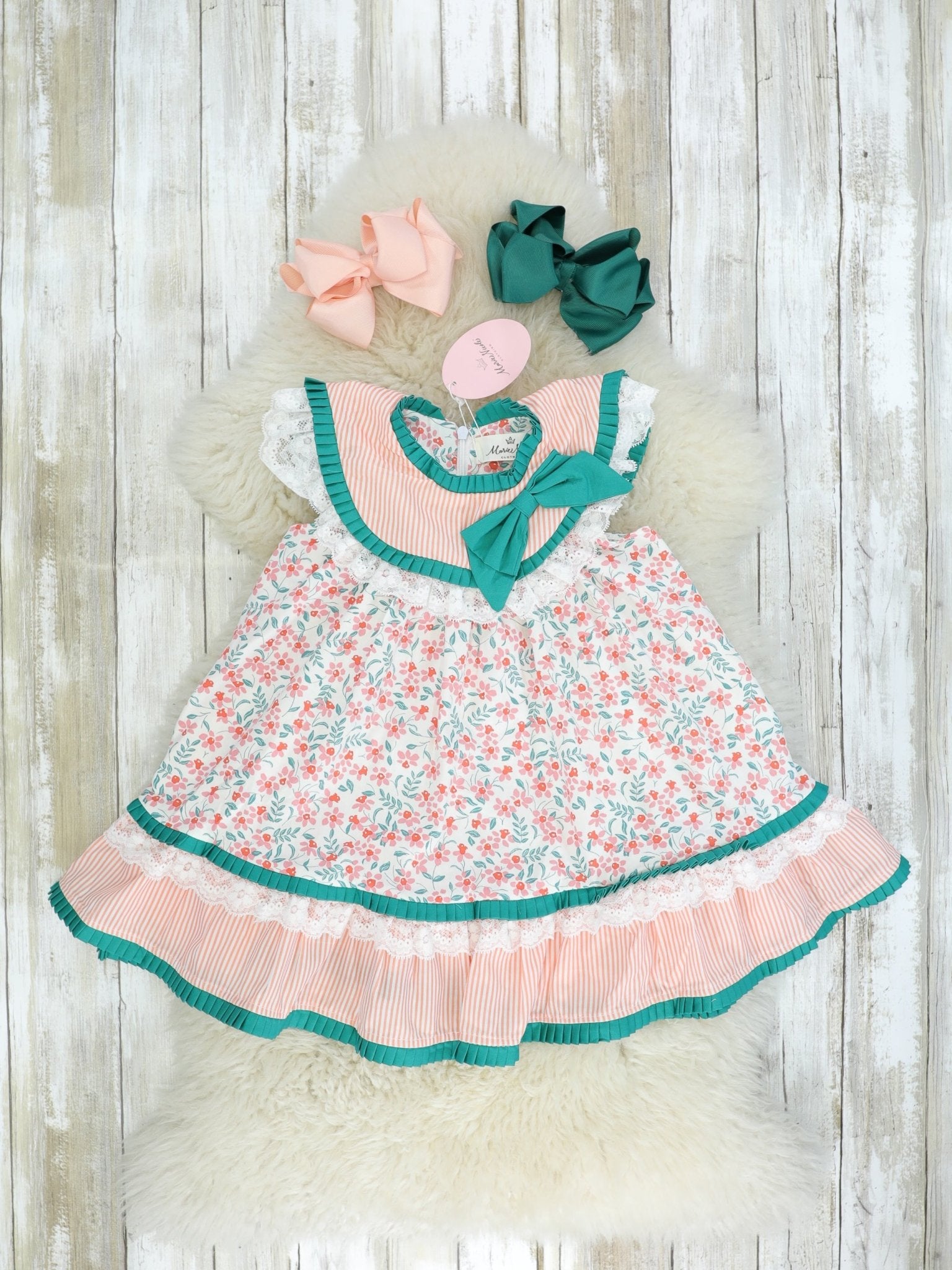 Pink & Green Floral Bow Bubble Dress - Marie Nicole Clothing
