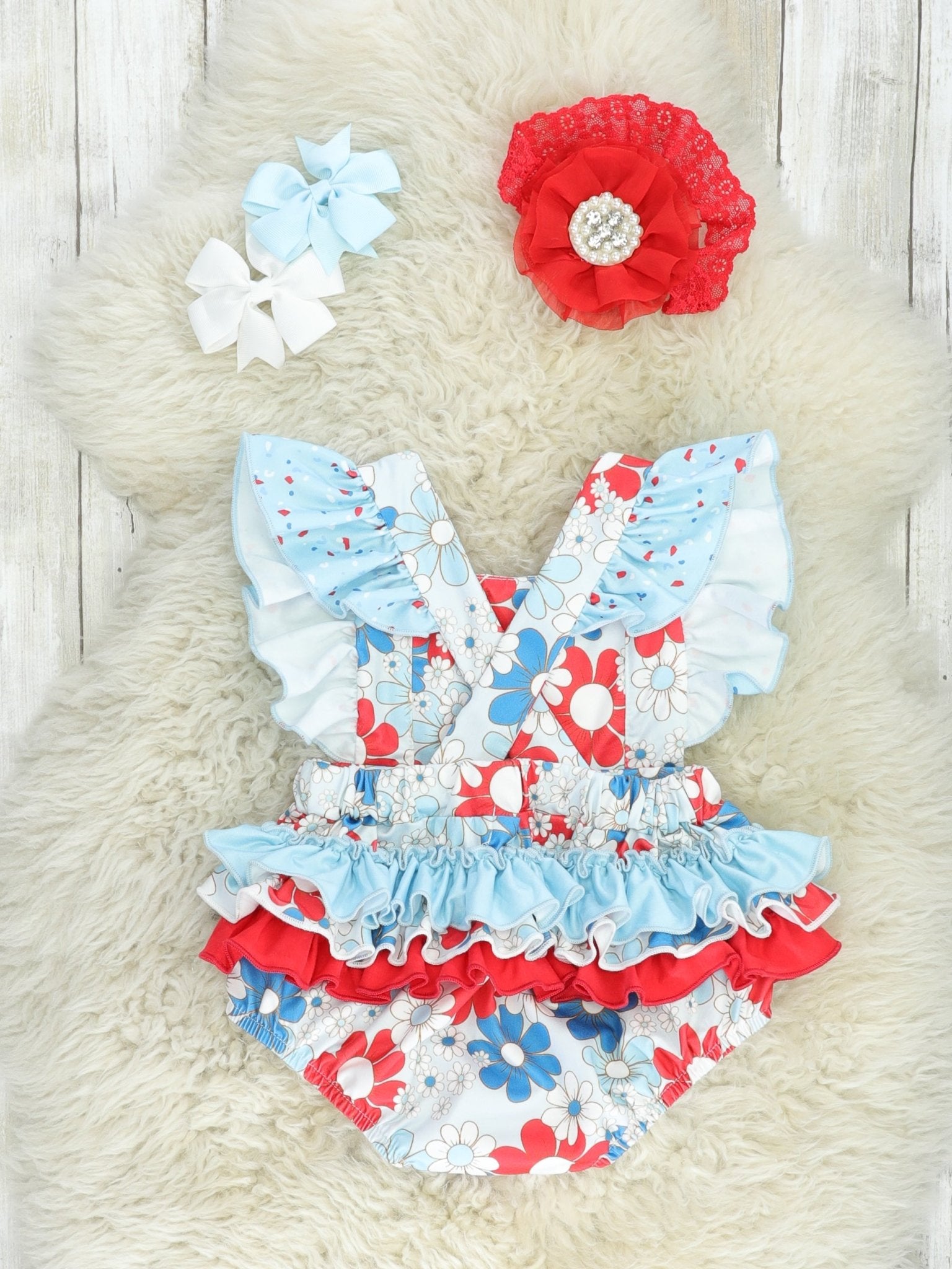 Patriotic Floral Ruffle Bubble Romper - Marie Nicole Clothing