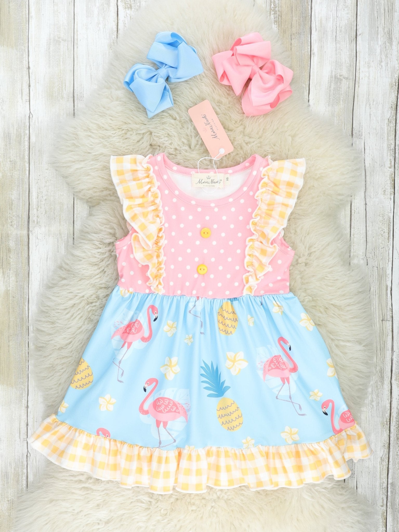 Yellow Gingham Flamingo Ruffle Dress - Marie Nicole Clothing