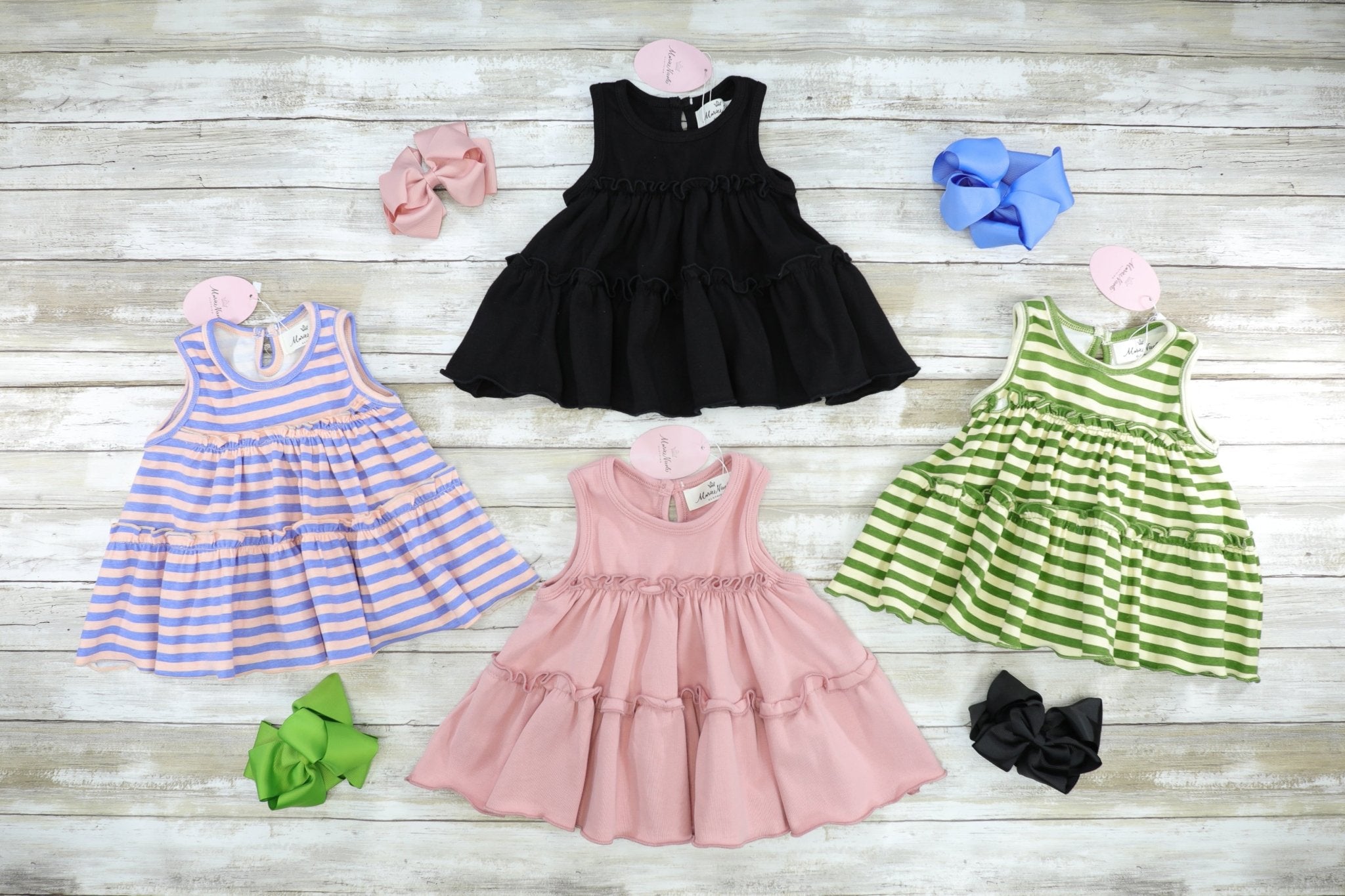 Cotton Swing Ruffle Tank - Olive/Cream Striped - Marie Nicole Clothing