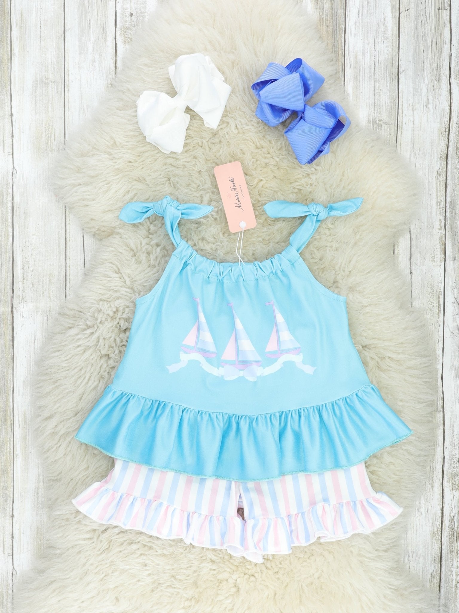 Blue Striped Sailboat Ruffle Outfit - Marie Nicole Clothing
