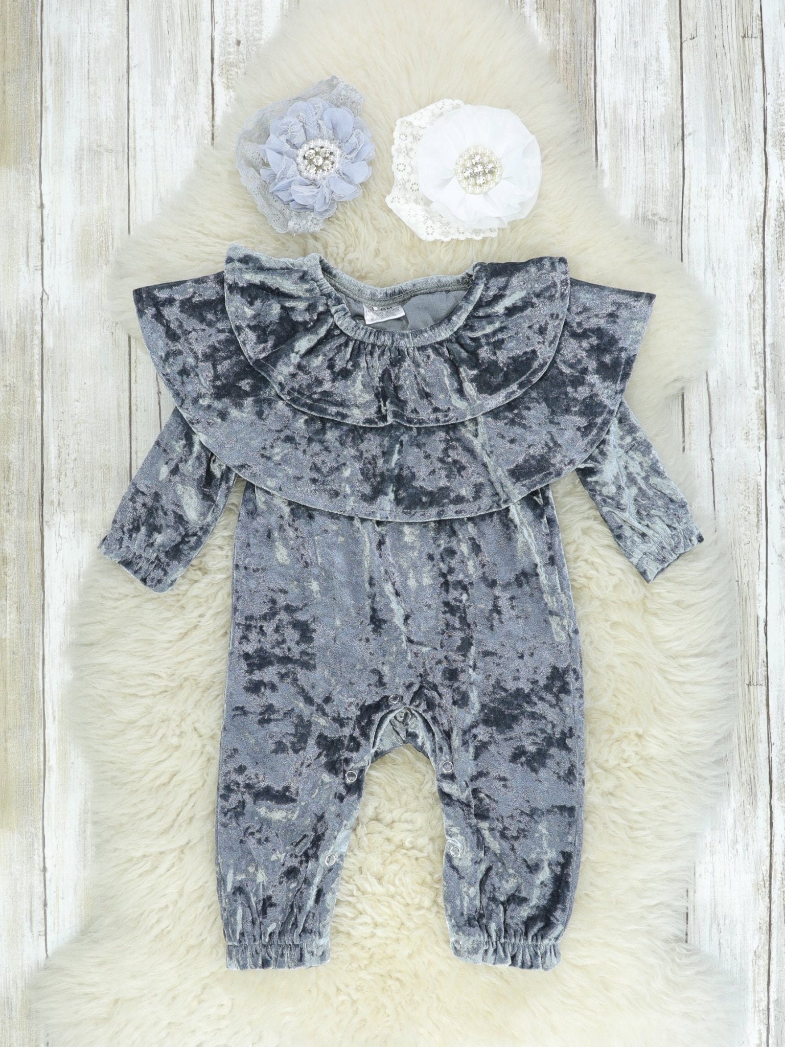 Slate Crushed Velvet Off The Shoulder Romper - Marie Nicole Clothing