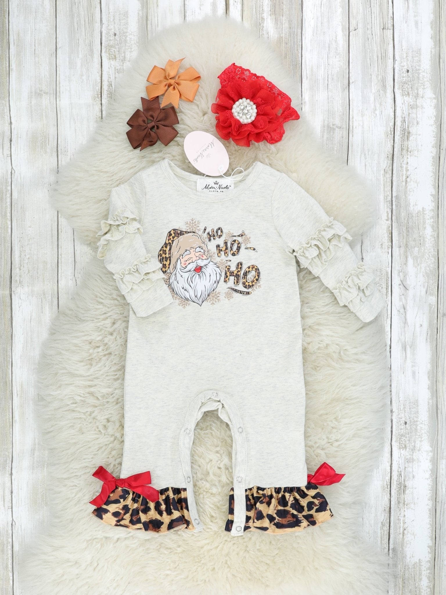 Leopard Santa Ruffle Romper - Marie Nicole Clothing