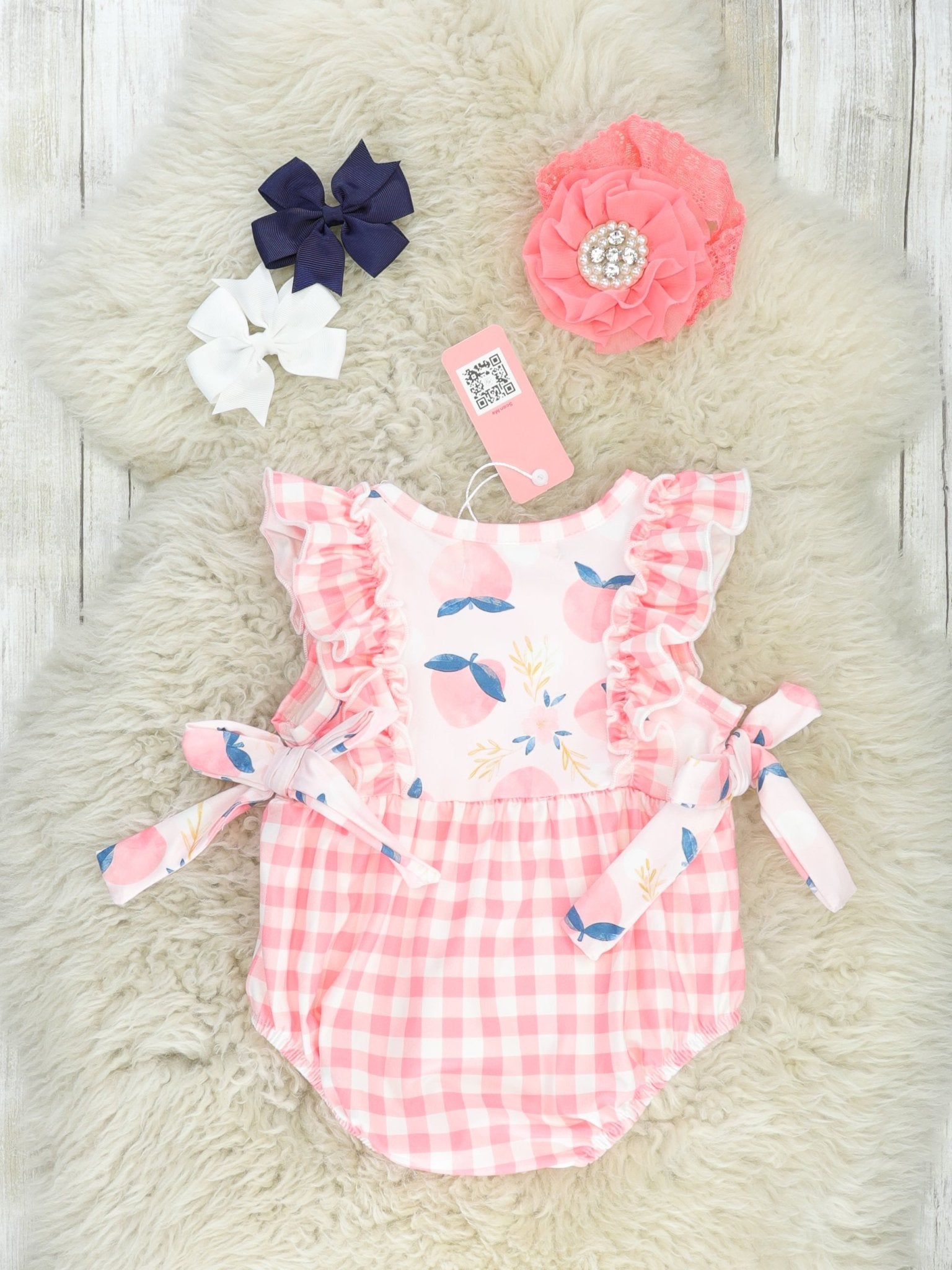 Pink Gingham Peach Ruffle Bubble Romper - Marie Nicole Clothing