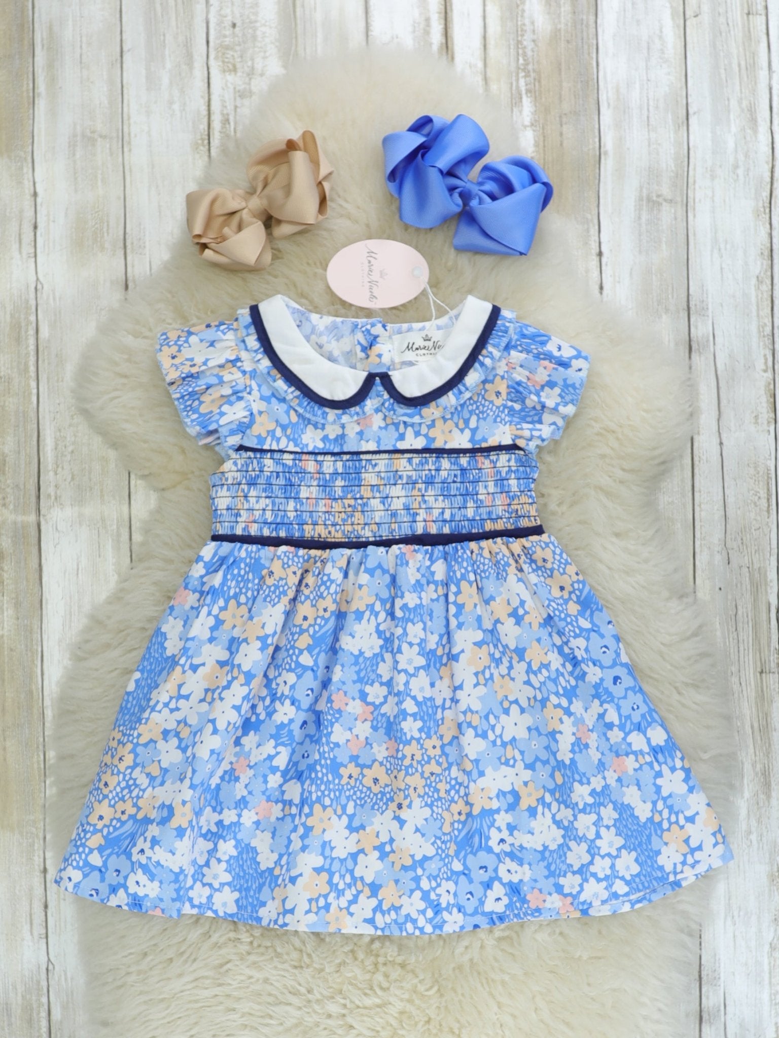 Smocked Blue Floral Dress - Marie Nicole Clothing