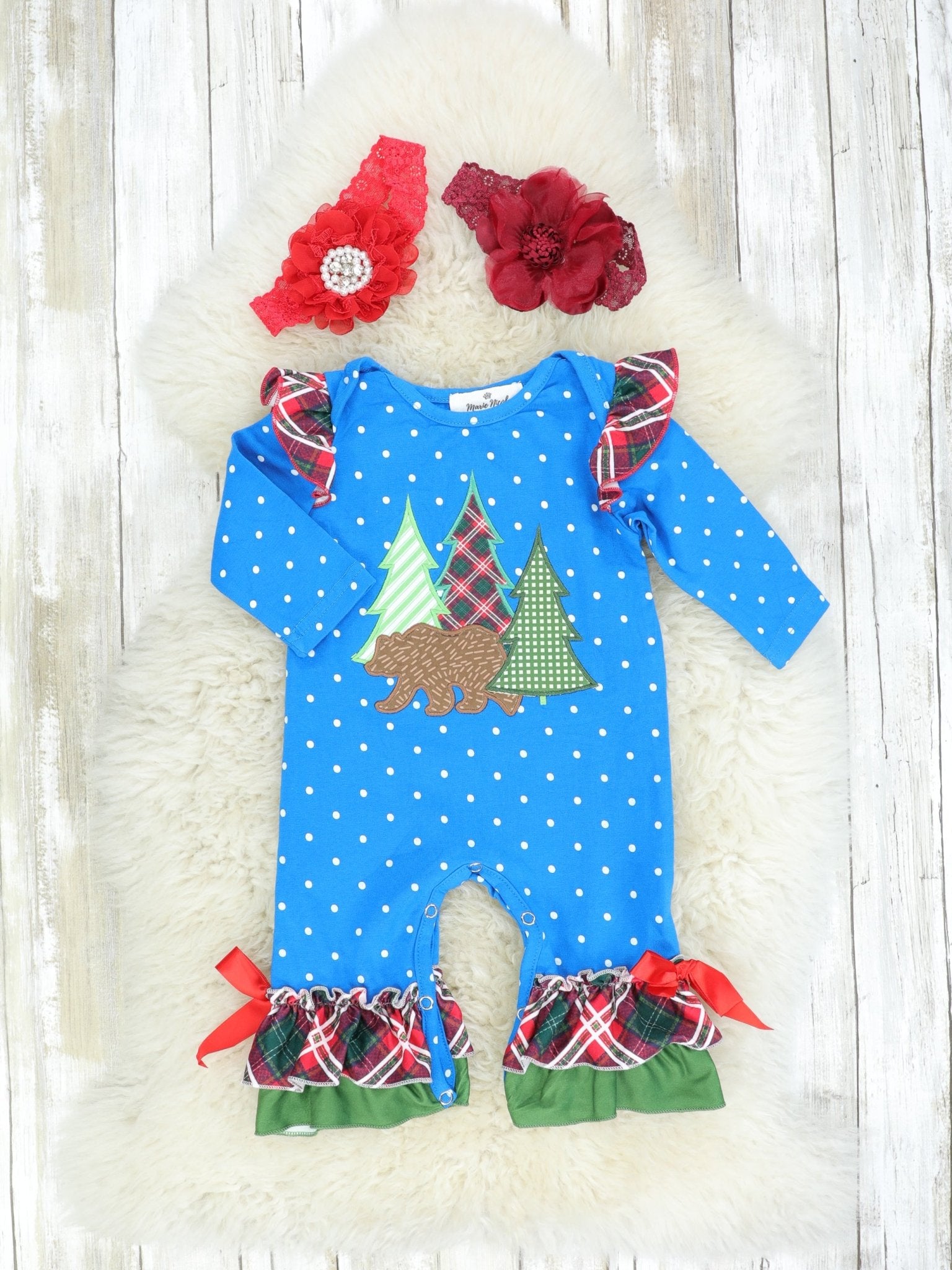 Blue Bear Polka Dot Ruffle Romper - Marie Nicole Clothing