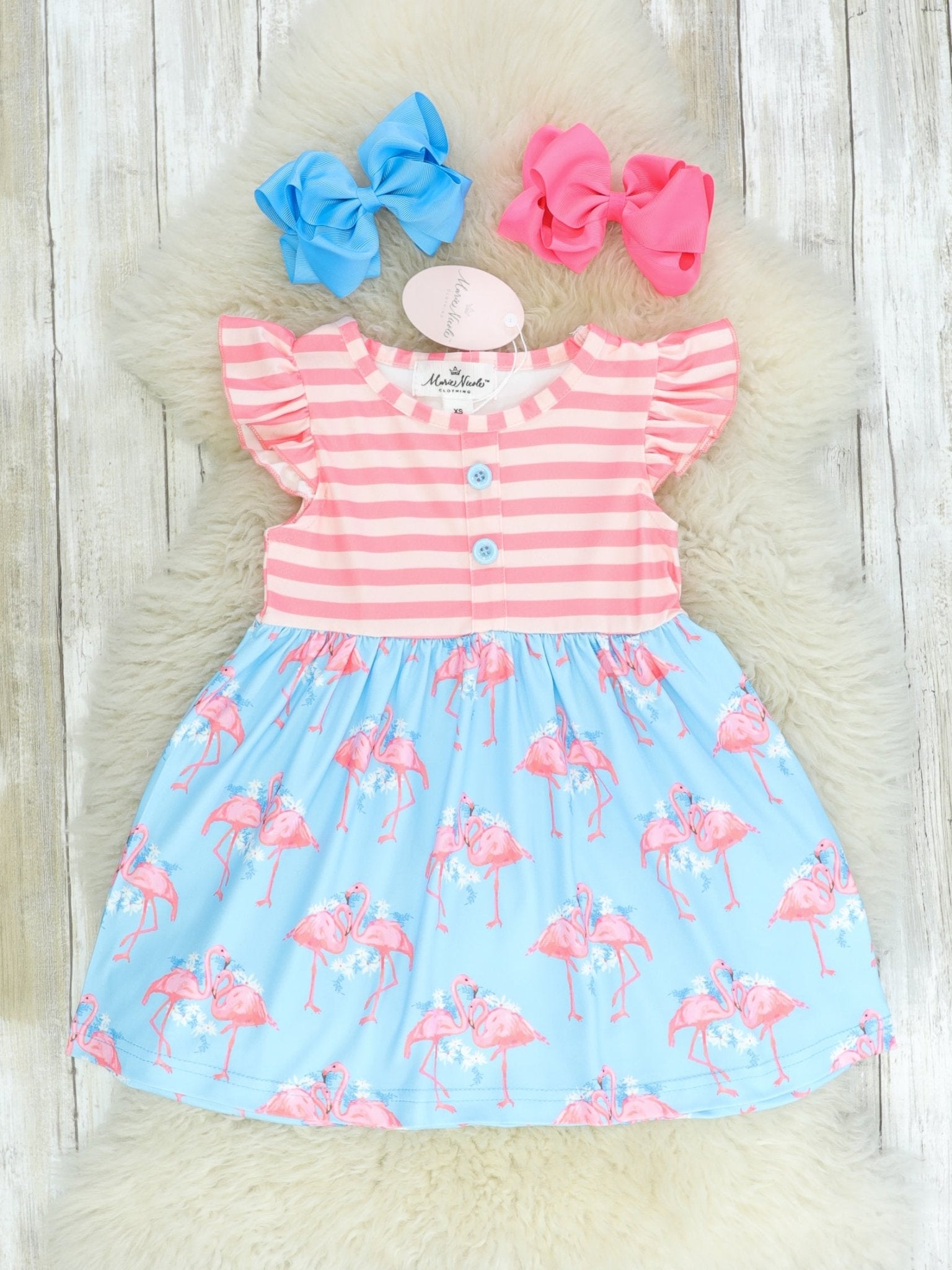 Pink & Blue Flamingo Flutter Sleeve Floral Dress - Marie Nicole Clothing