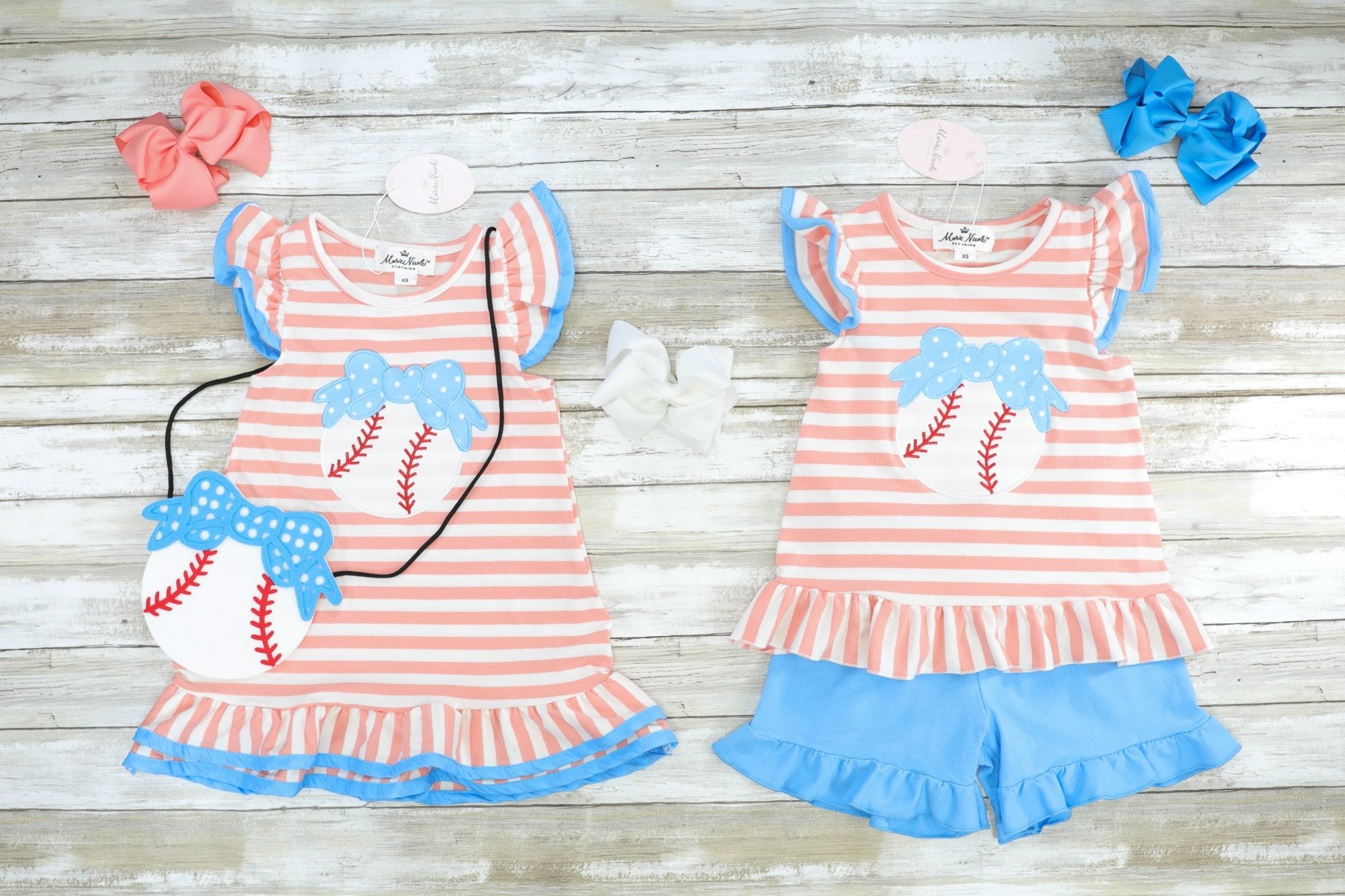 Peach Striped Ruffle Baseball Dress & Purse Set - Marie Nicole Clothing