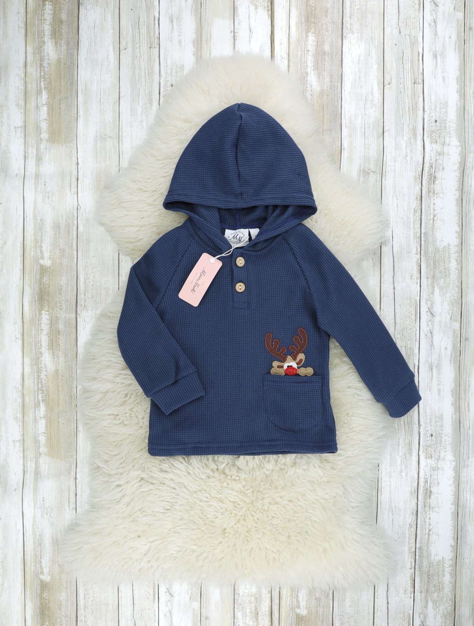 Spruce Blue Reindeer Pocket Hoodie - Marie Nicole Clothing