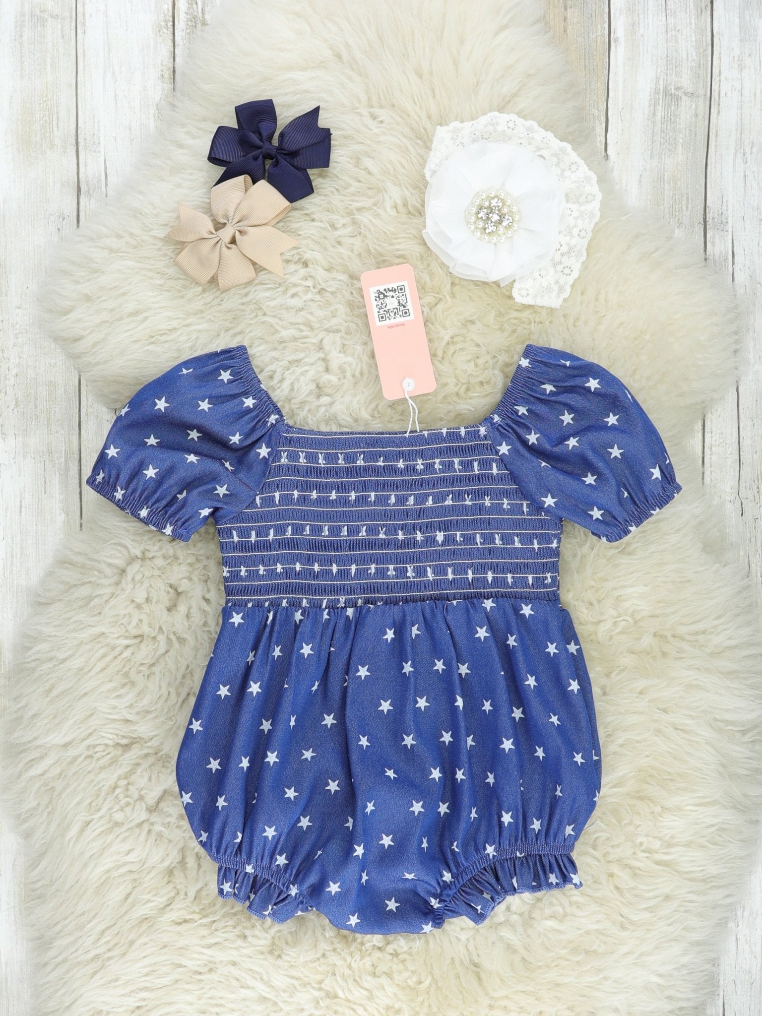 Navy Smocked Little Star Bubble Romper - Marie Nicole Clothing