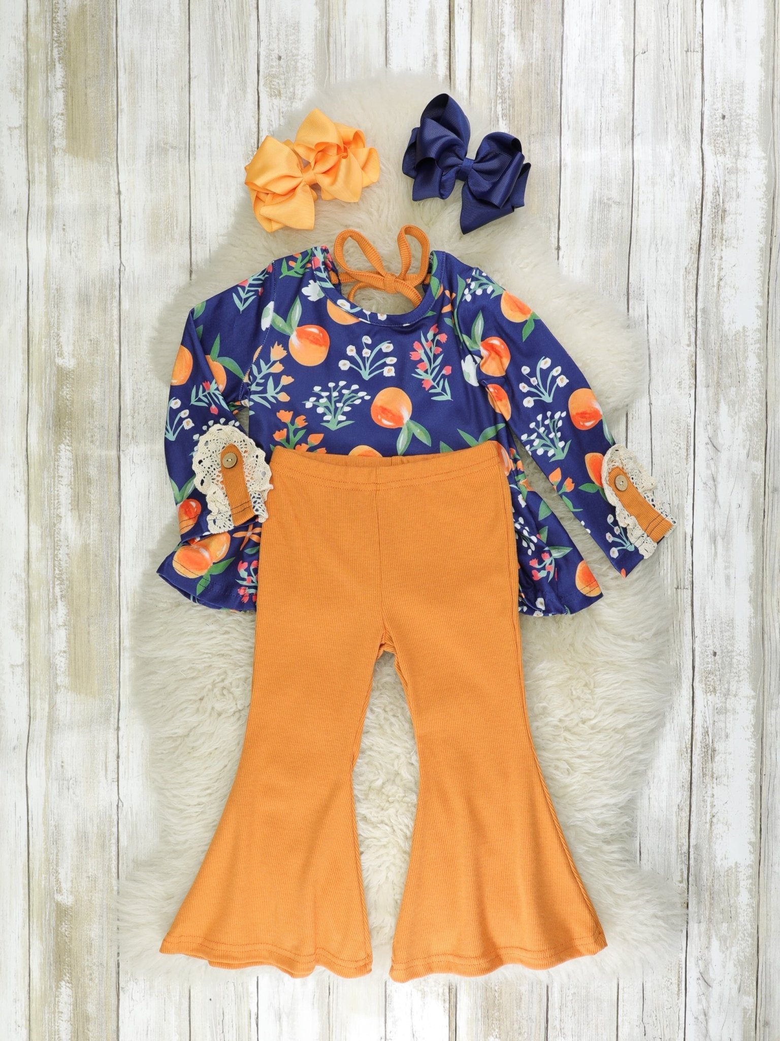 Navy & Burnt Orange Persimmon Tunic Top & Bell Bottoms Outfit - Marie Nicole Clothing