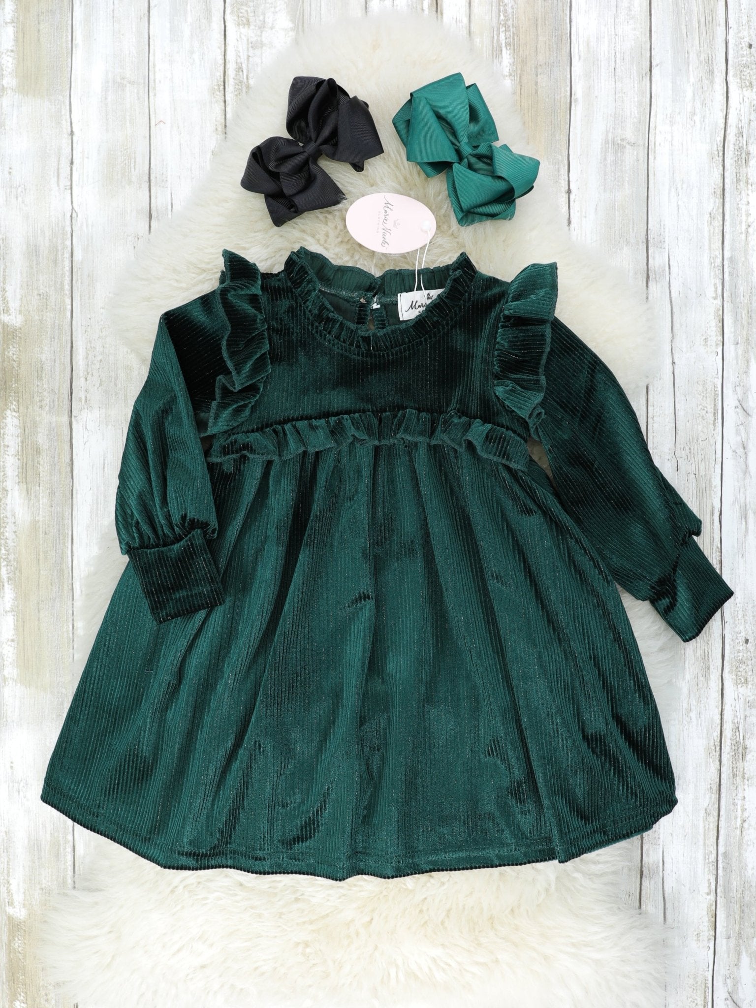 Ribbed Dark Green Velvet Ruffle Dress Marie Nicole Clothing Ribbed Dark Green Velvet Ruffle Dress Marie Nicole Clothing