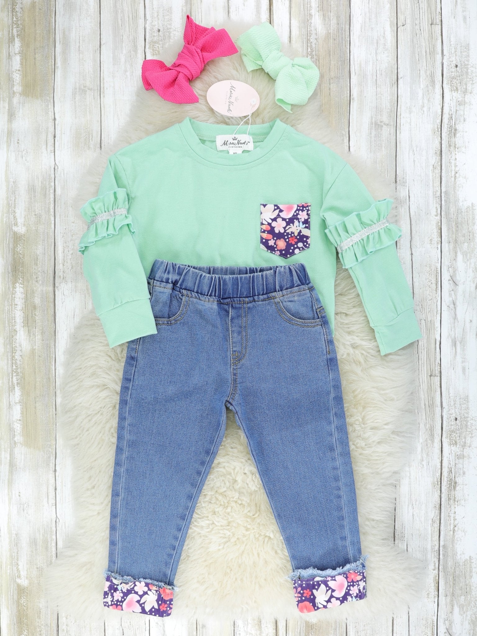 Sea Foam Green Ruffle Pullover & Denim Outfit - Marie Nicole Clothing