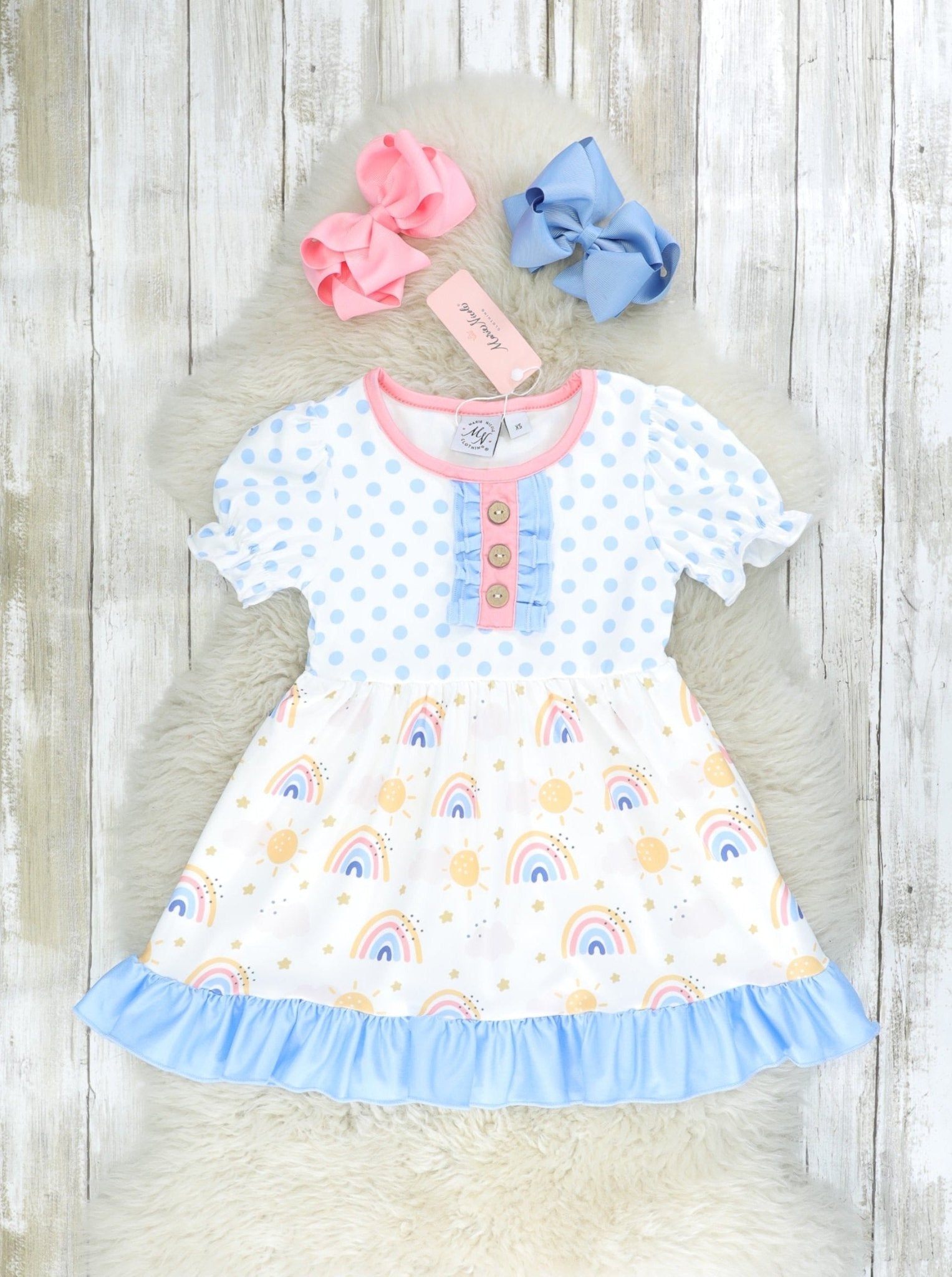 Blue Polka Dot Rainbow Ruffle Dress - Marie Nicole Clothing