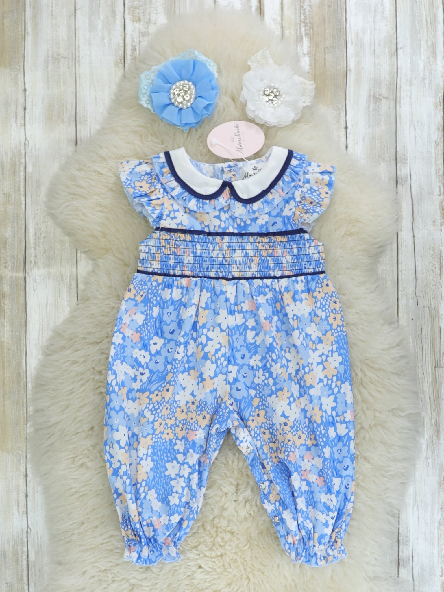 Smocked Blue Floral Romper - Marie Nicole Clothing