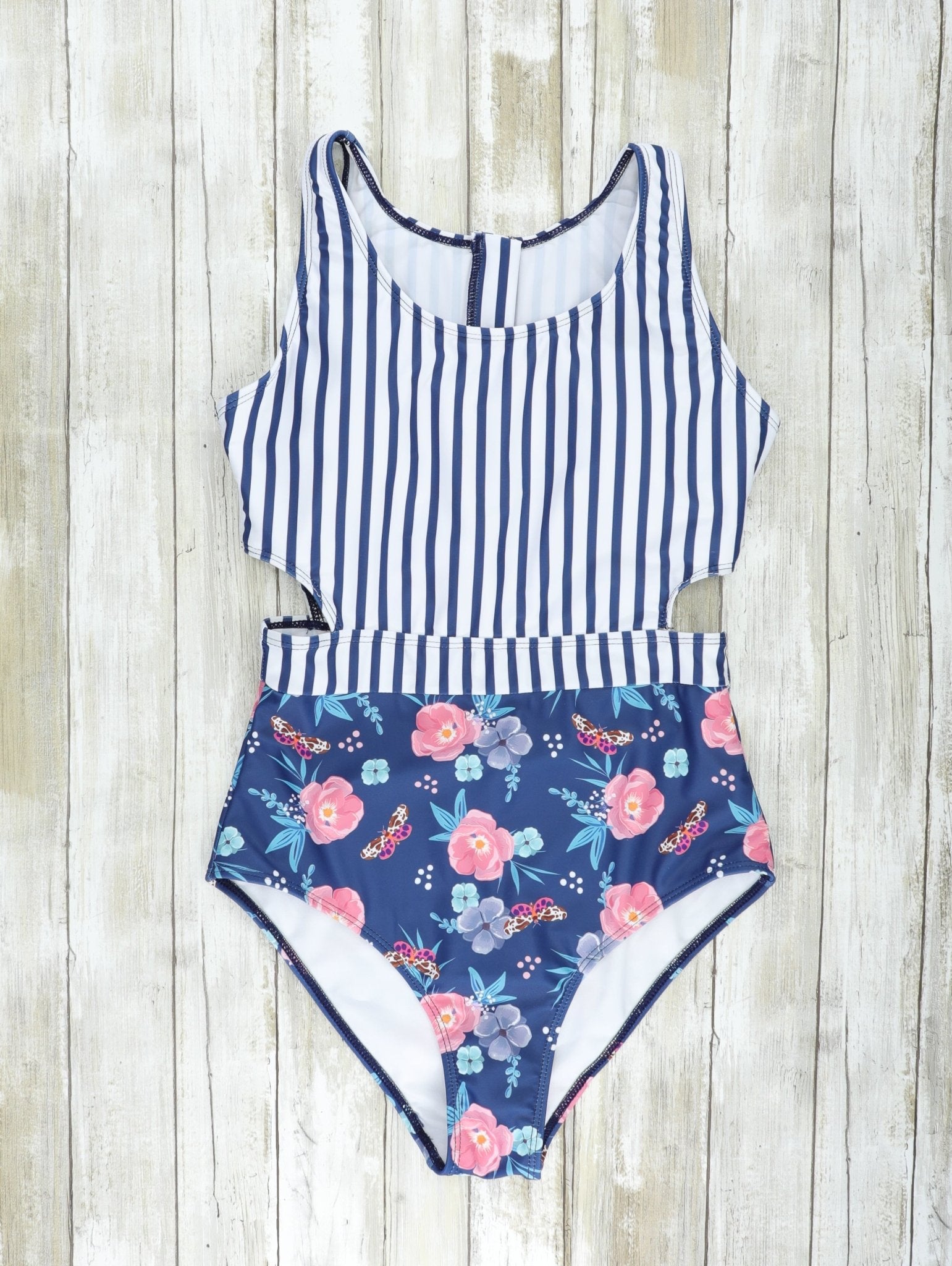 Mom & Me Navy Striped Floral Swimsuits - Marie Nicole Clothing