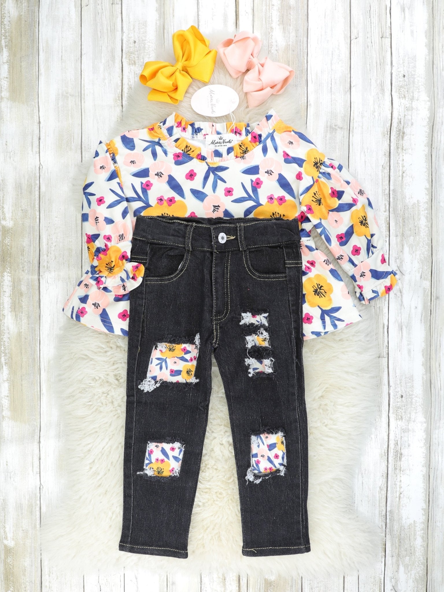 Mustard Floral Tunic & Distressed Denim Outfit - Marie Nicole Clothing