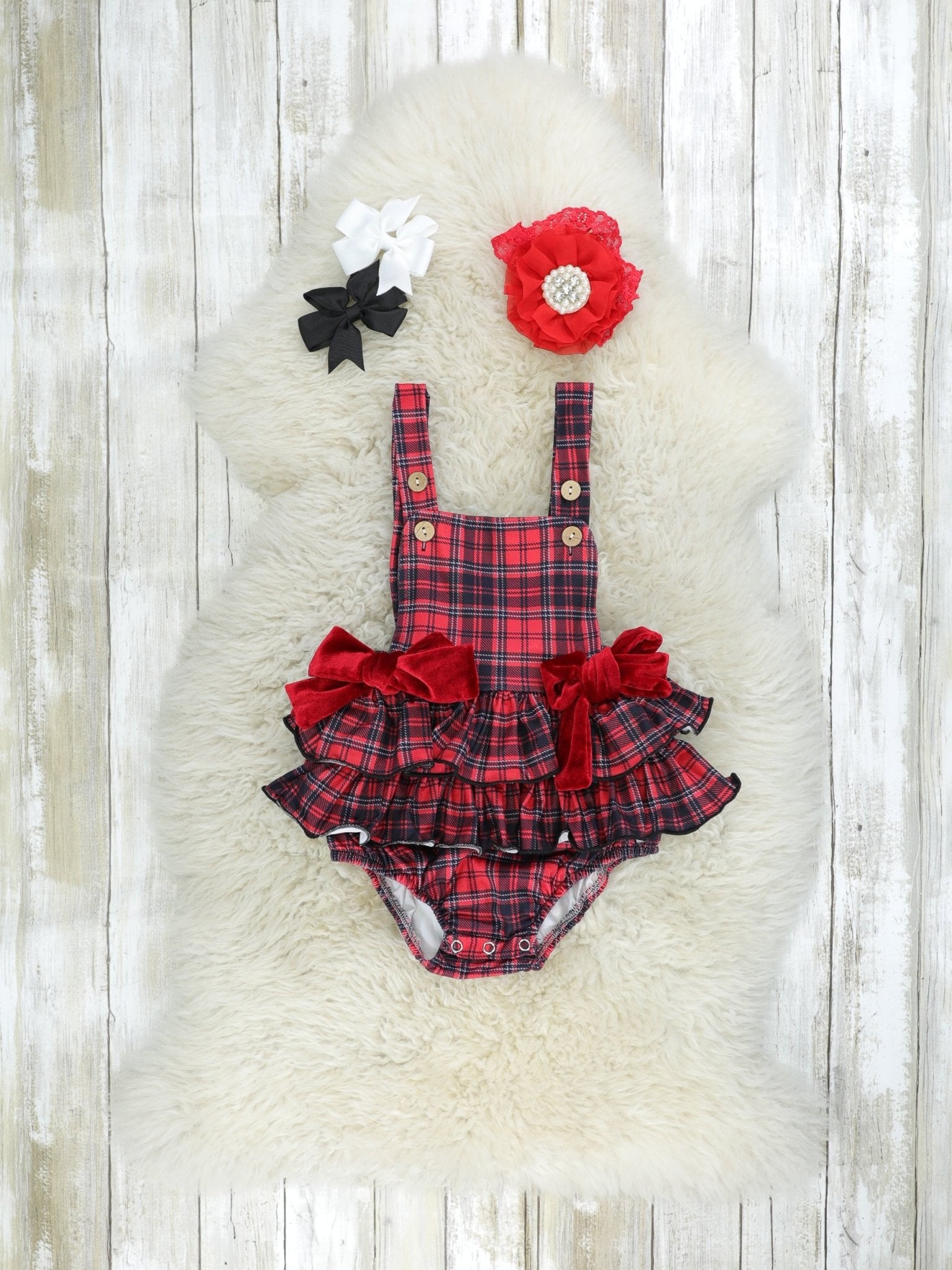 Plaid Bow Overall Ruffle Romper Set - Marie Nicole Clothing