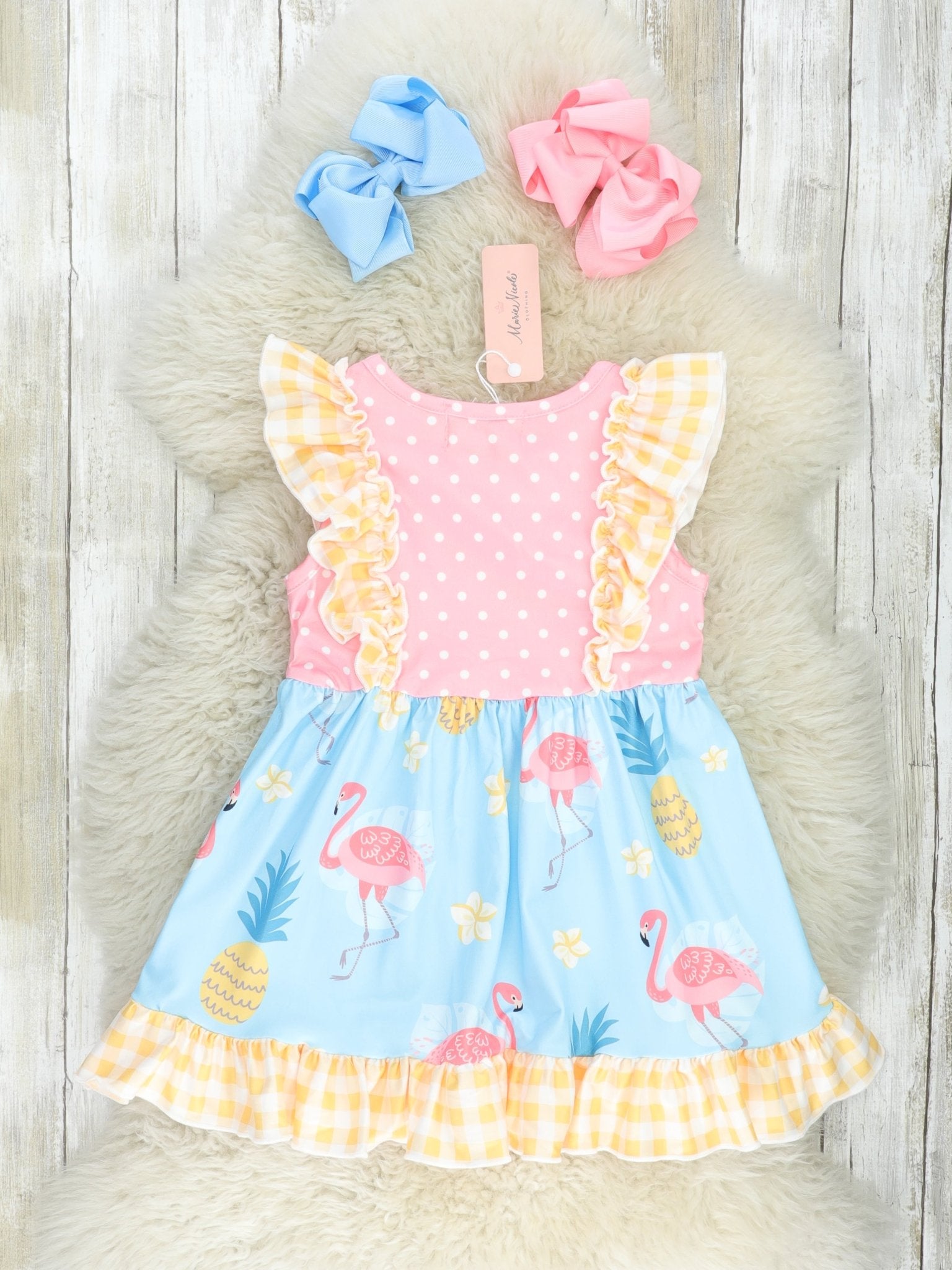 Yellow Gingham Flamingo Ruffle Dress - Marie Nicole Clothing