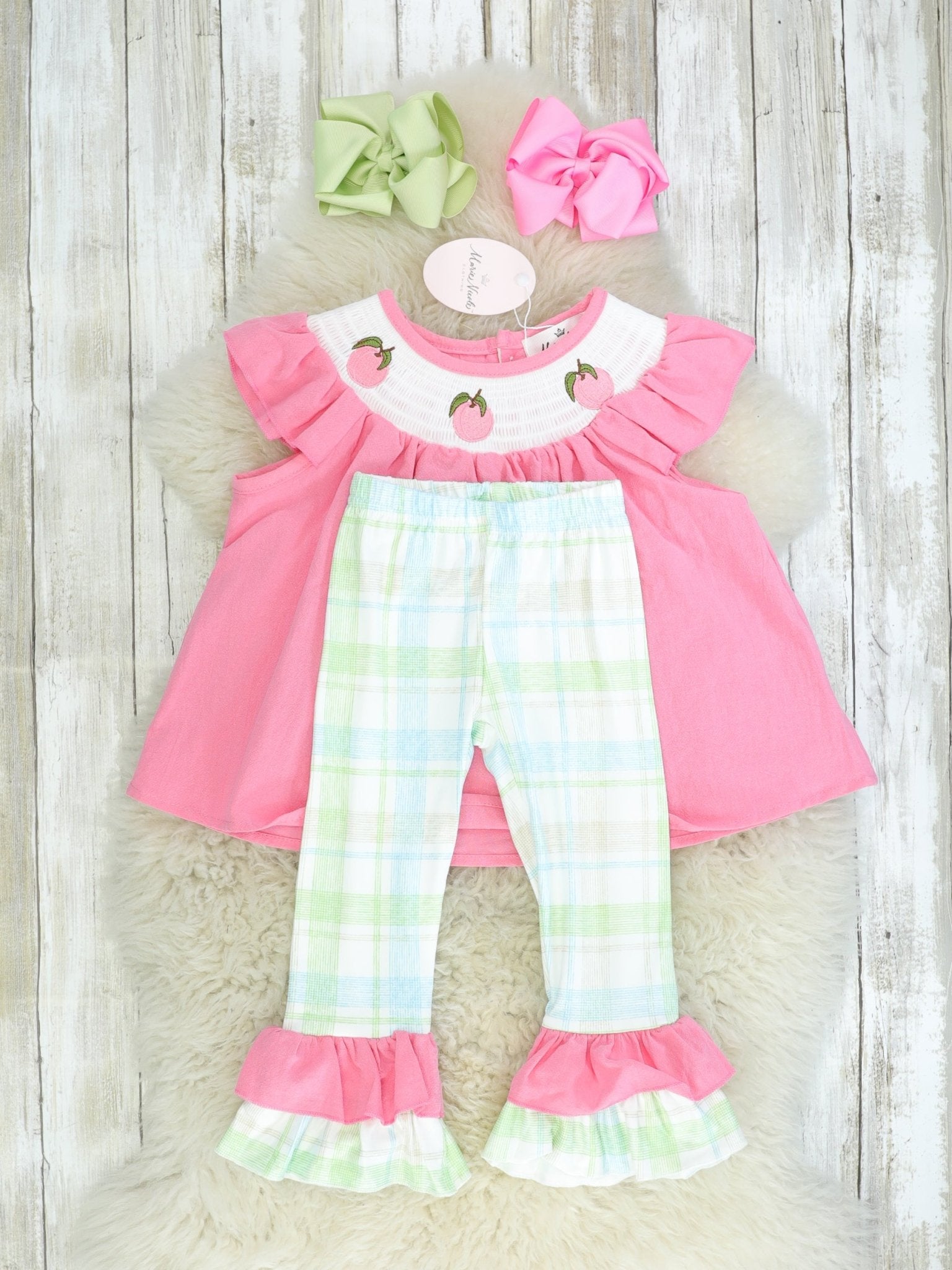 Peach Plaid Smocked Ruffle Outfit - Marie Nicole Clothing