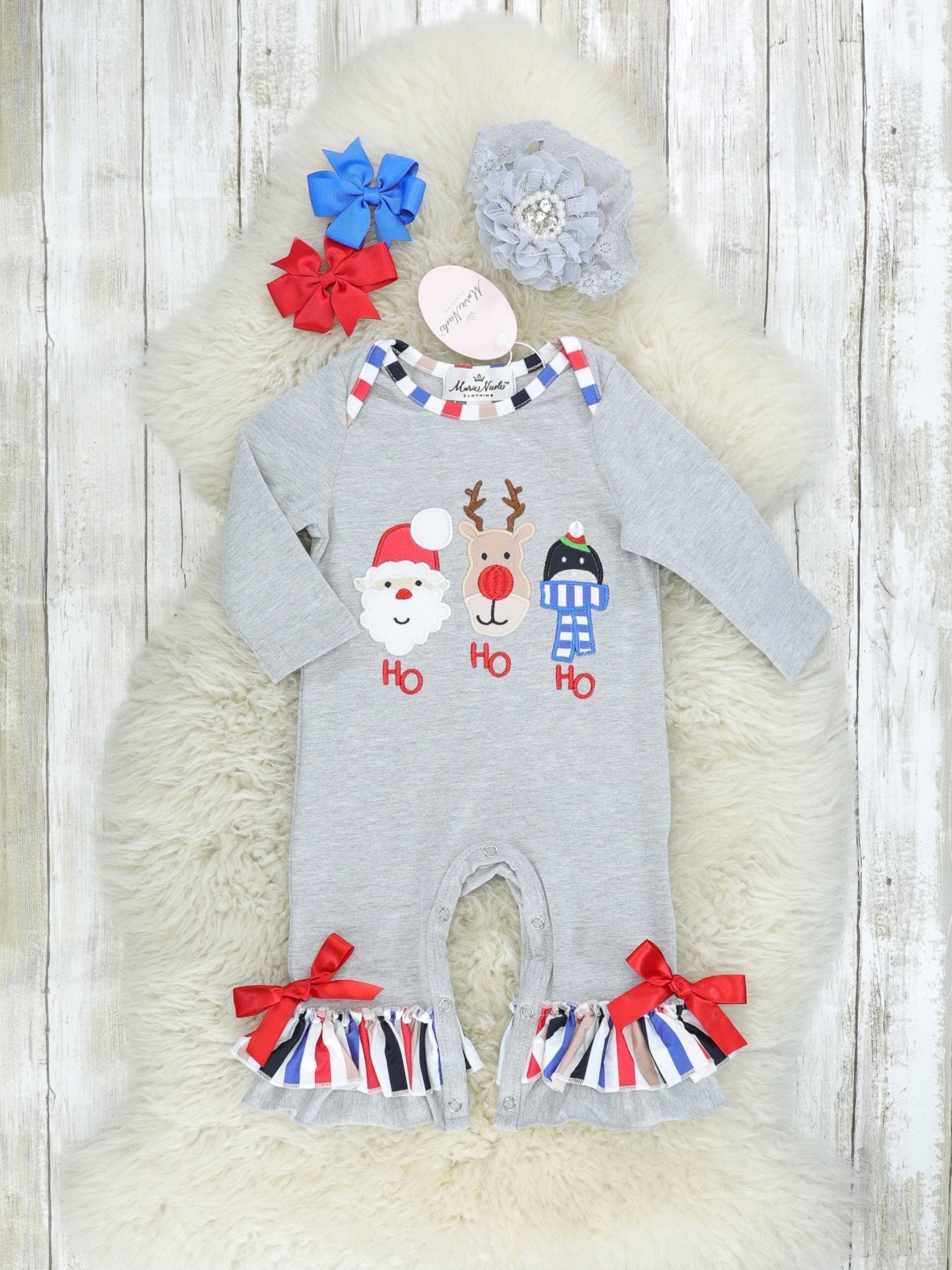 "HO HO HO" Striped Ruffle Romper - Marie Nicole Clothing