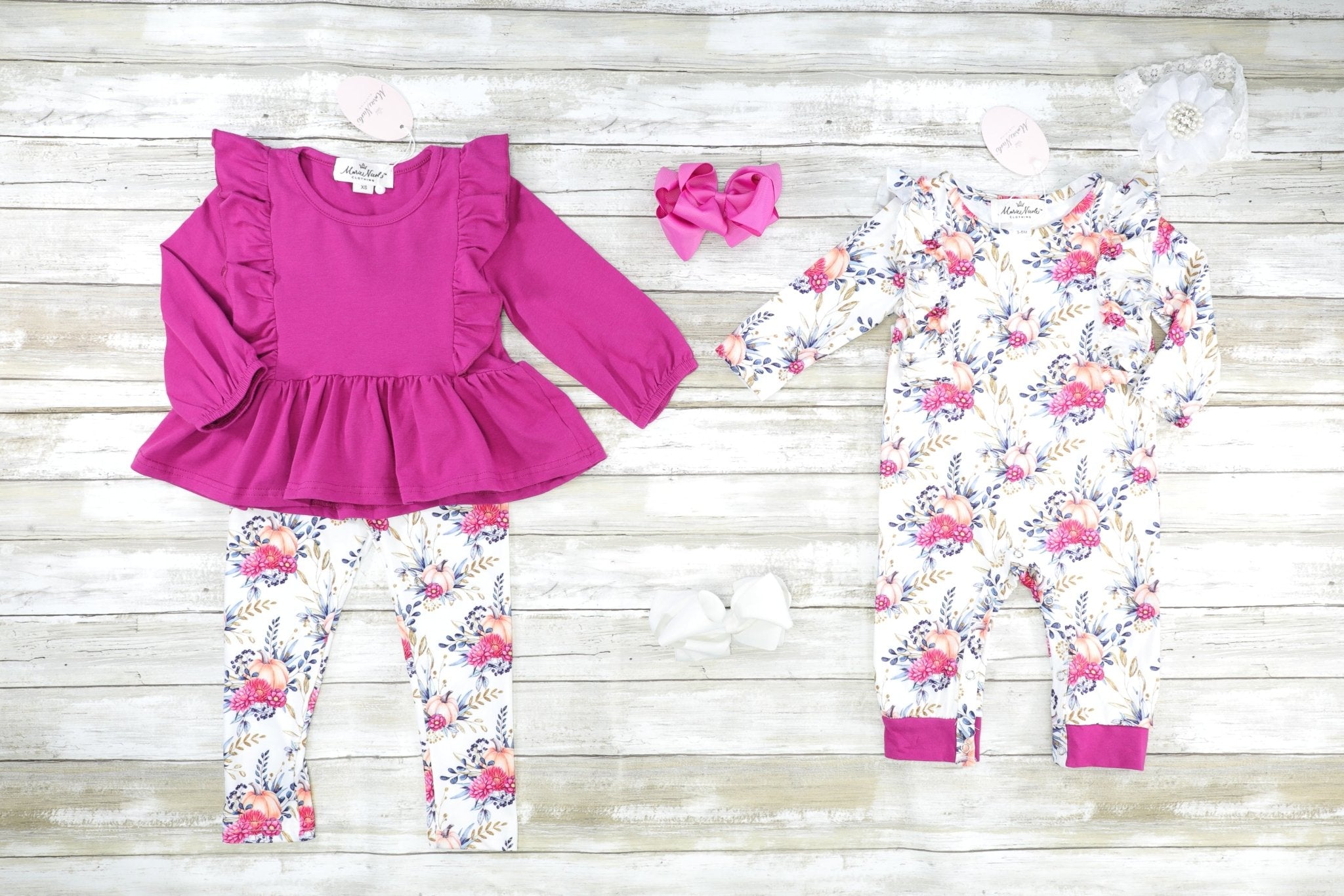 Dark Magenta Floral Pumpkin Ruffle Outfit - Marie Nicole Clothing