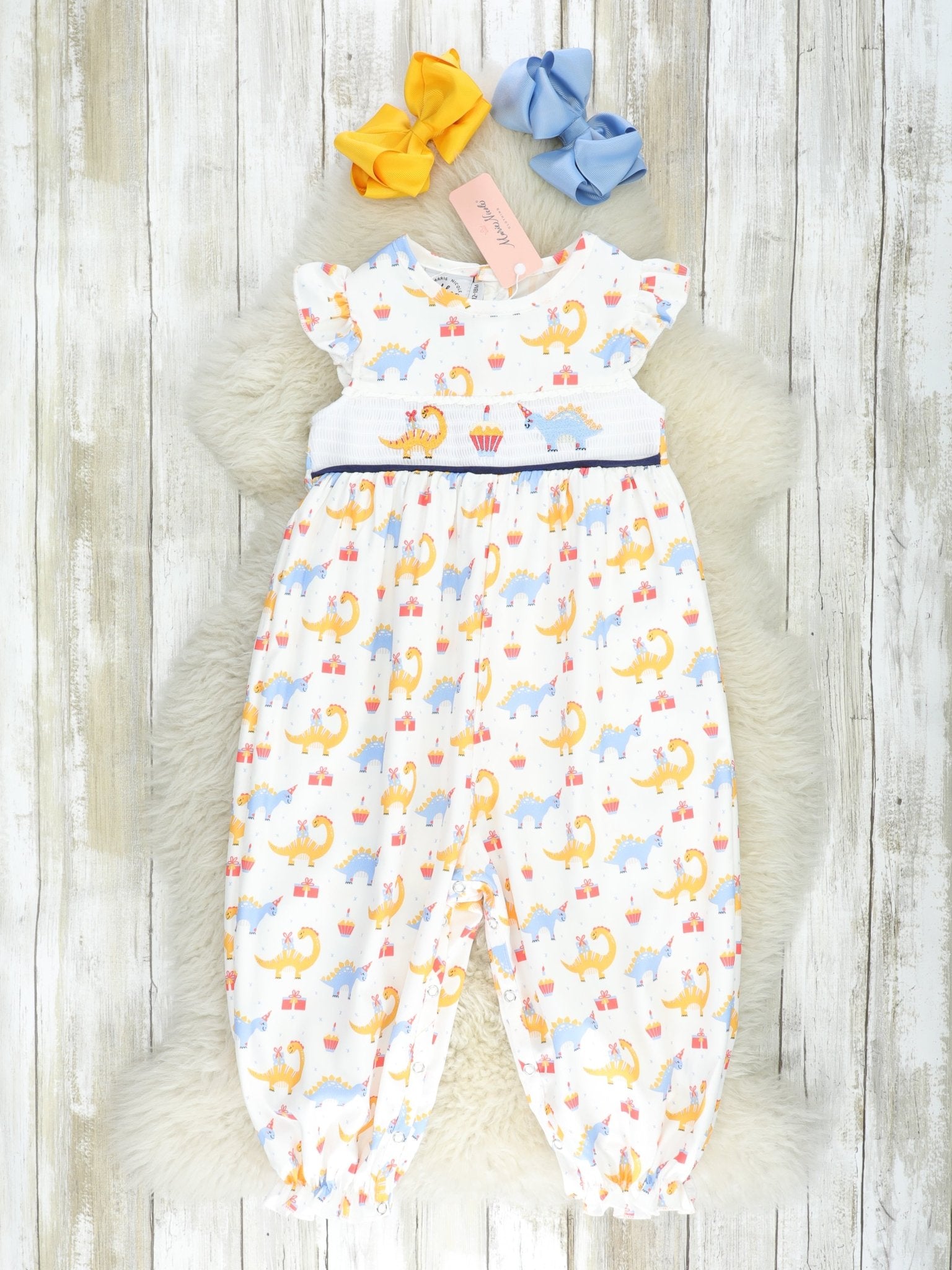 Smocked Dinosaur Party Ruffle Romper - Marie Nicole Clothing